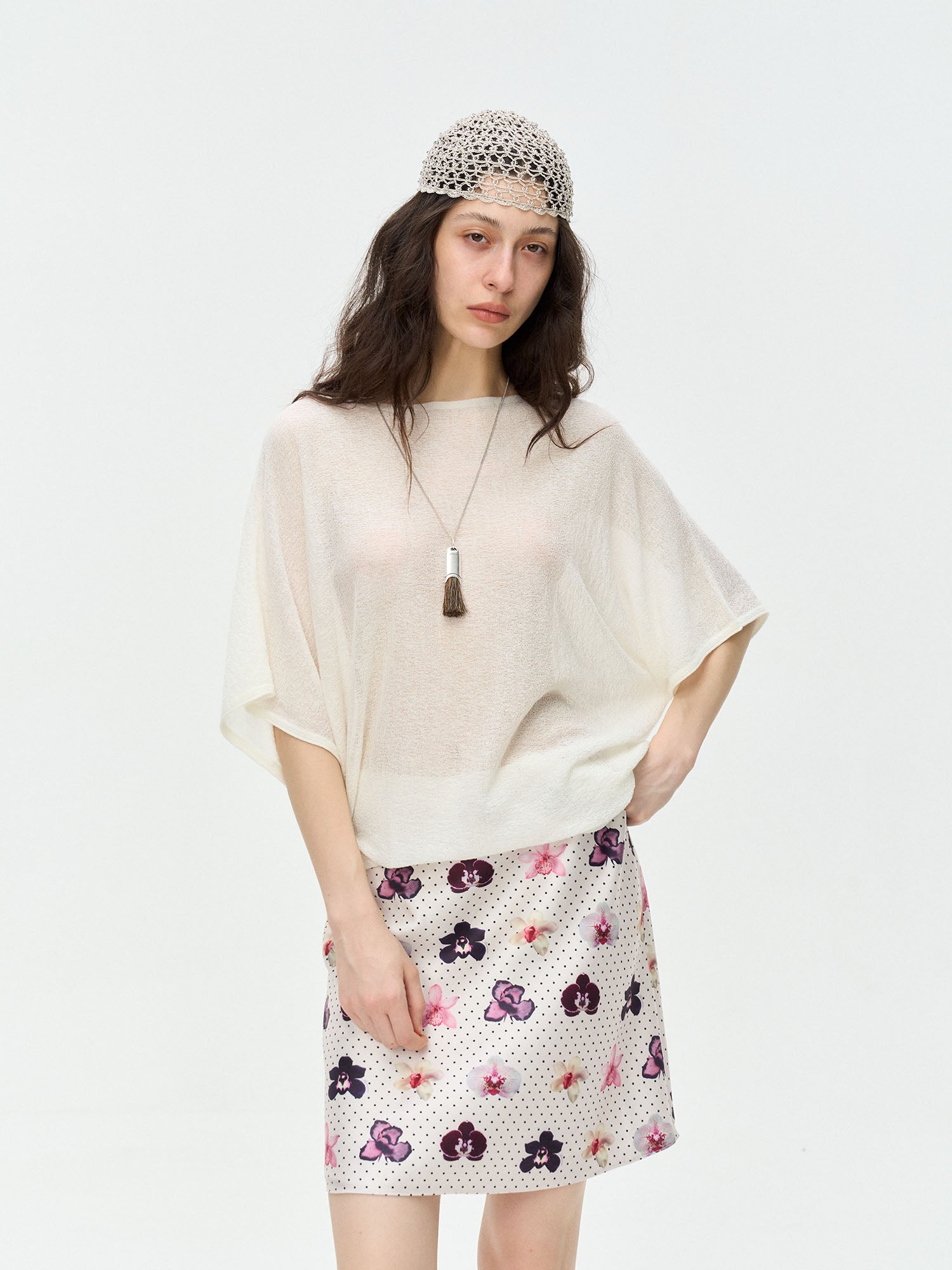 LEONSENSE Sheer Draped Batwing Knit Top