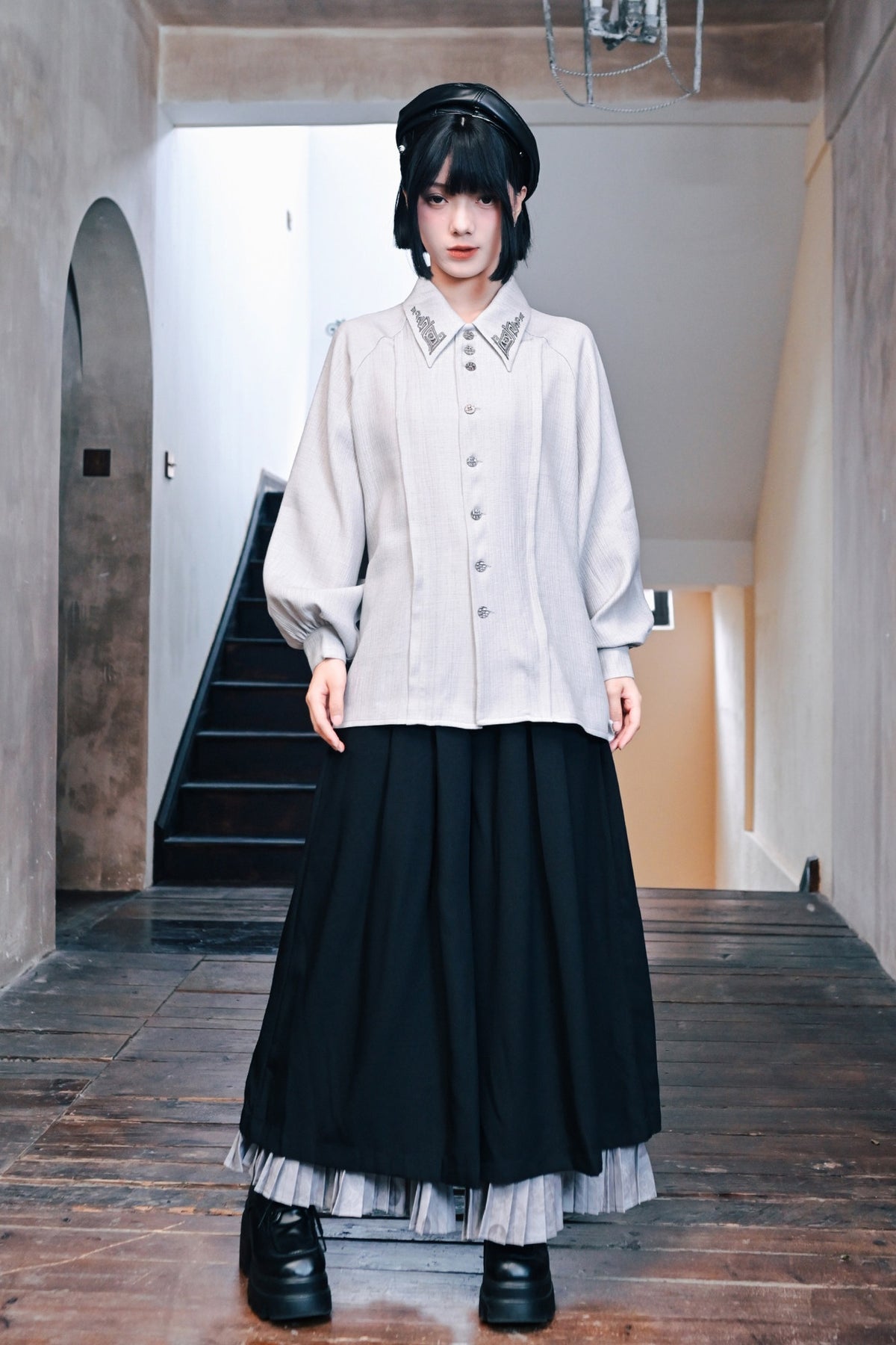 GUGUAI Retro Embroidered Lantern-Sleeve Shirt — full body · C226 Embroidered Long Sleeve Shirt
