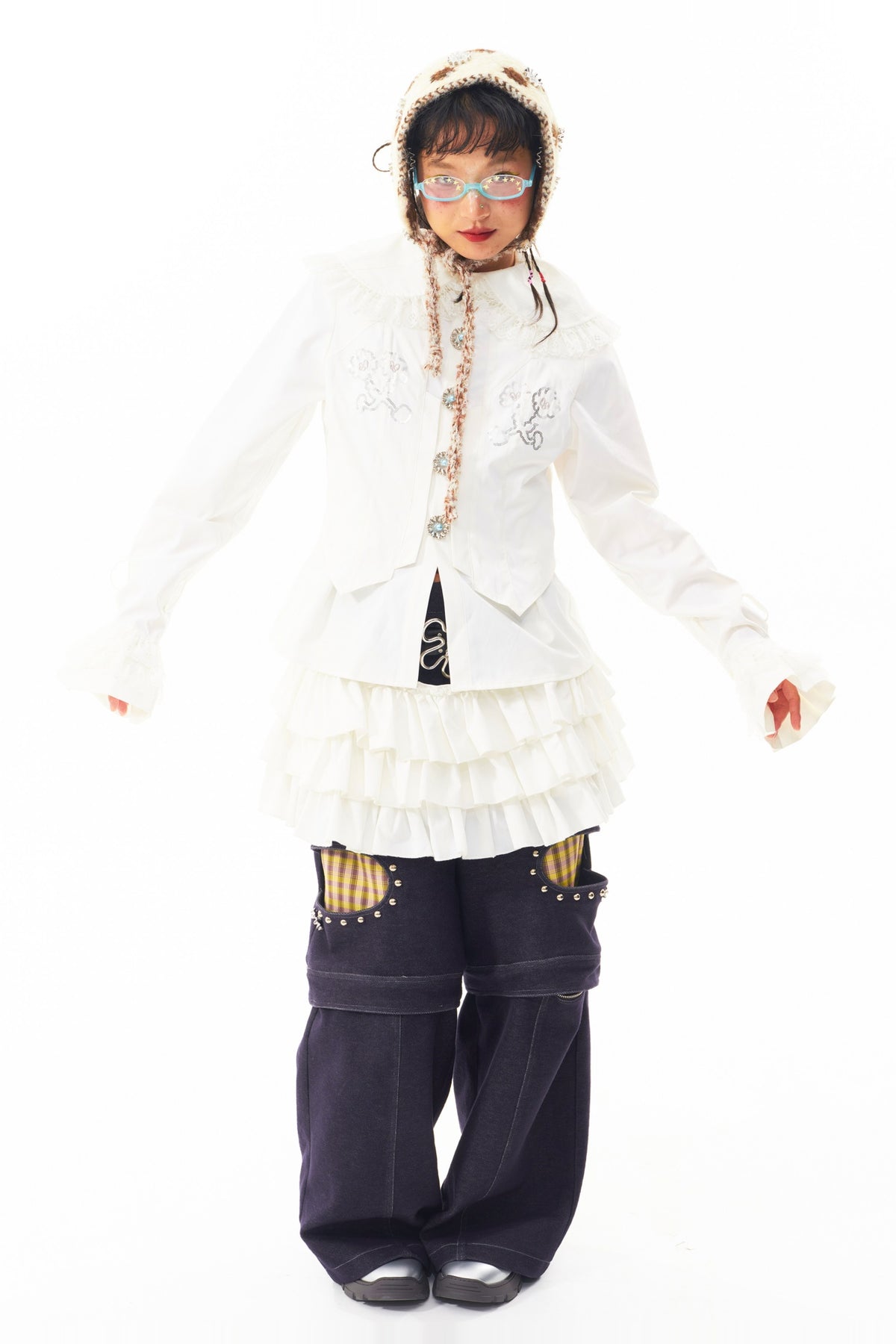 SILLYSIS Spliced Ruffle-Collar Crinkled Retro Shirt — full body