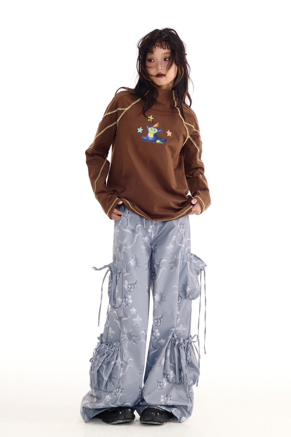 SILLYSIS Graphic Multi-Pocket Wide-Leg Cargo Pants — full body