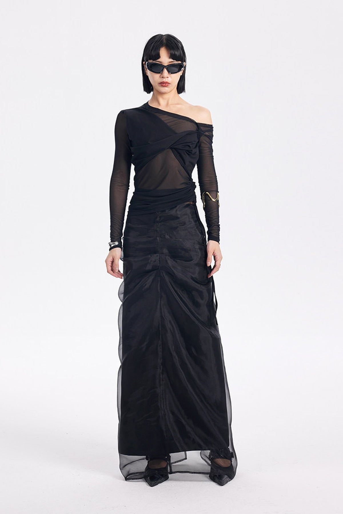 TINY IN STUDIO Pleated Mesh Maxi Skirt Two-Piece Set — full body