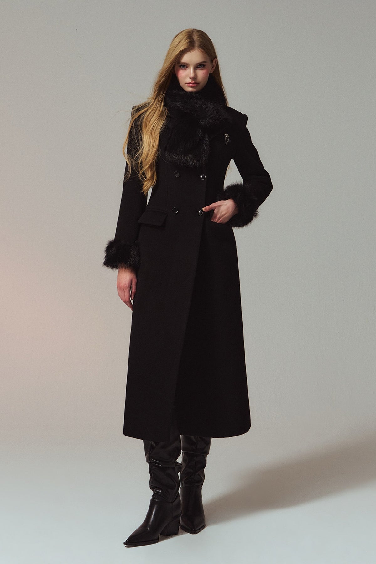 HIIMDAI 100% Wool Double-Faced Long Coat — full body · Classic Black