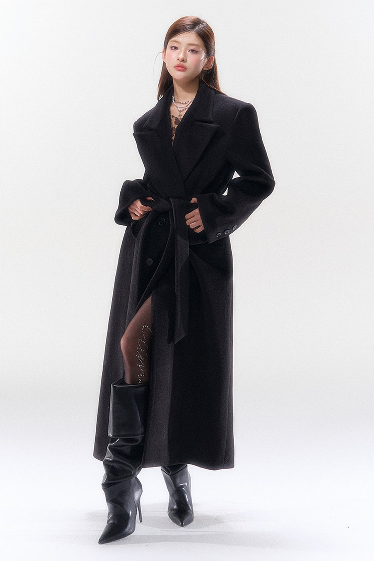 HIIMDAI Wool-Blend Cinched-Waist Lapel Long Coat — full body · Knight Black
