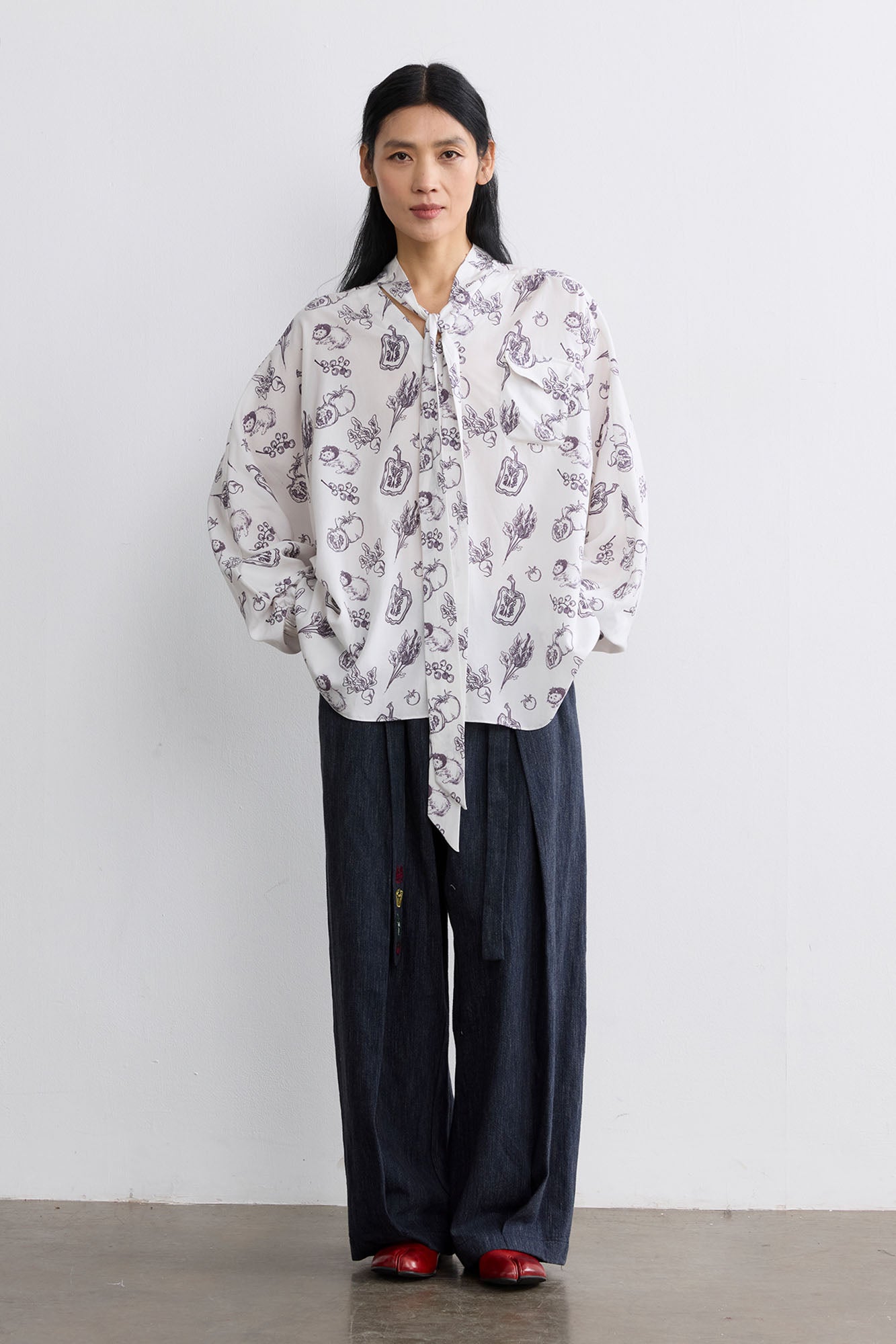 NOESE Botanical Full-Print Tie-Neck Blouse