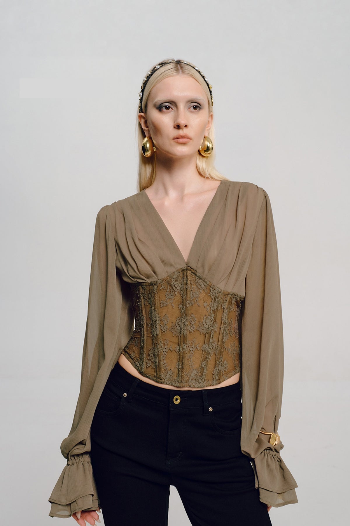 AWOKENTIME Lace-Spliced Puff-Sleeve V-Neck Shirt — half body