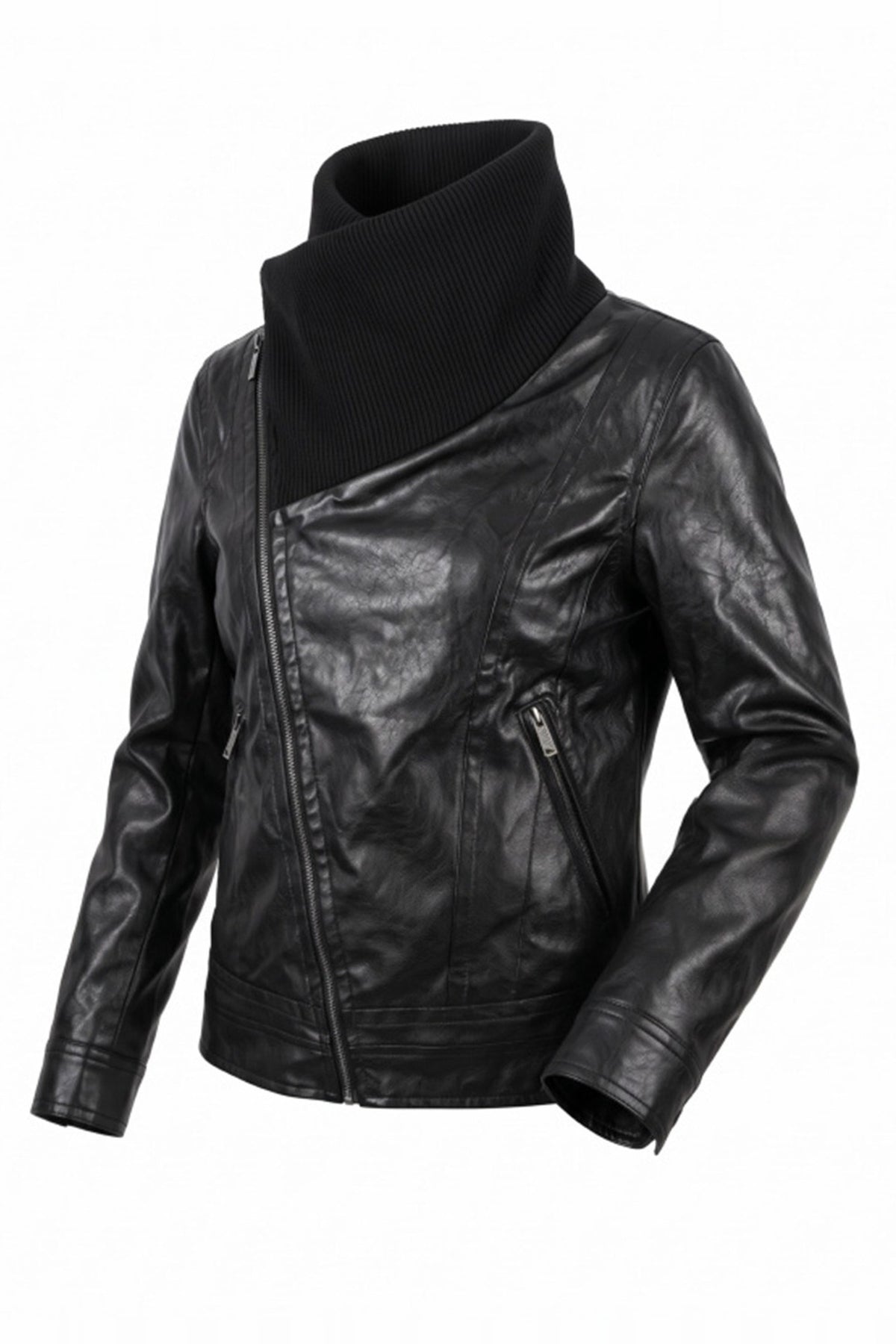FAYCHUI Matte Faux Leather Ribbed Stand-Collar Jacket — flat lay