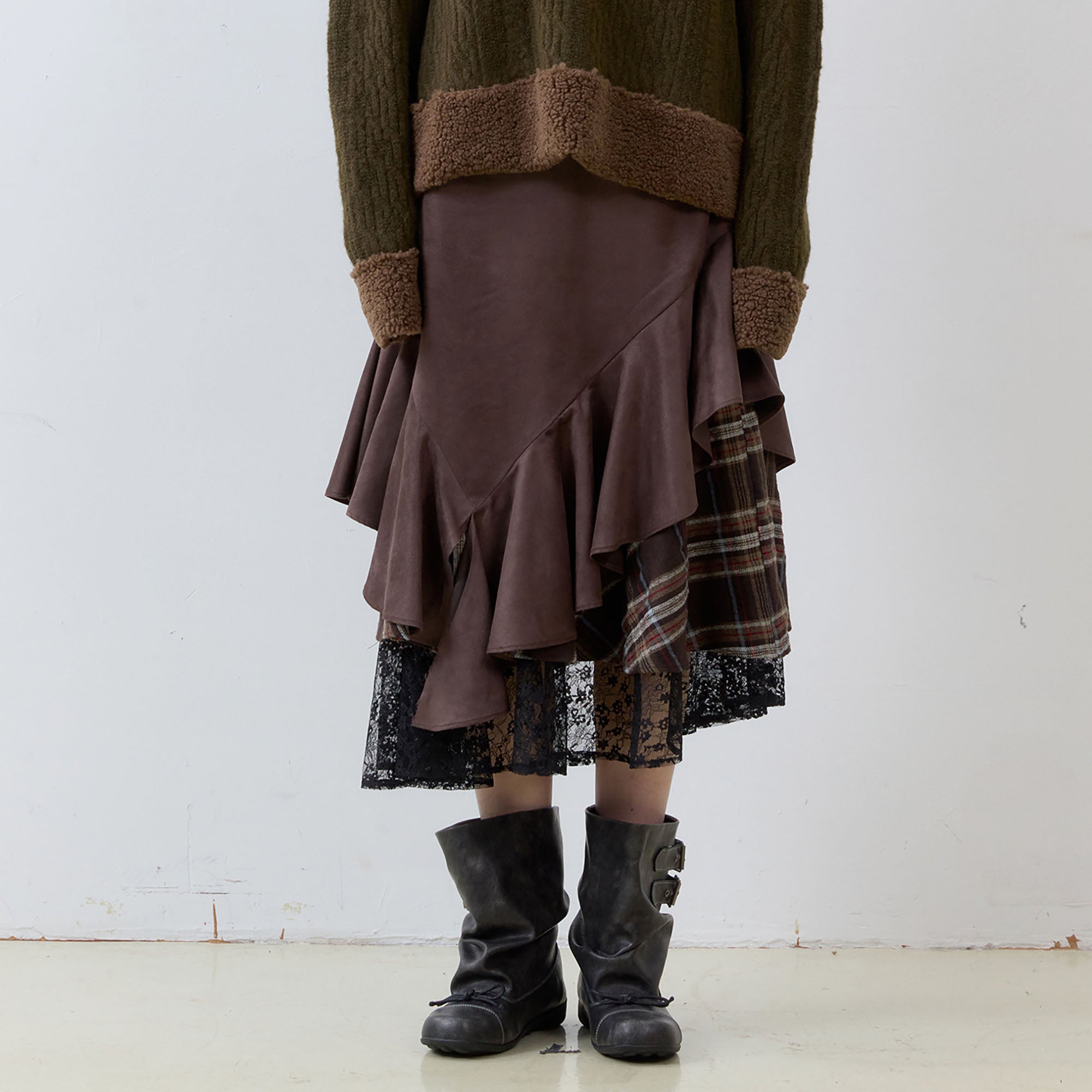 NOESE Asymmetrical Spliced Plaid-Lace Layered Ruffle Skirt