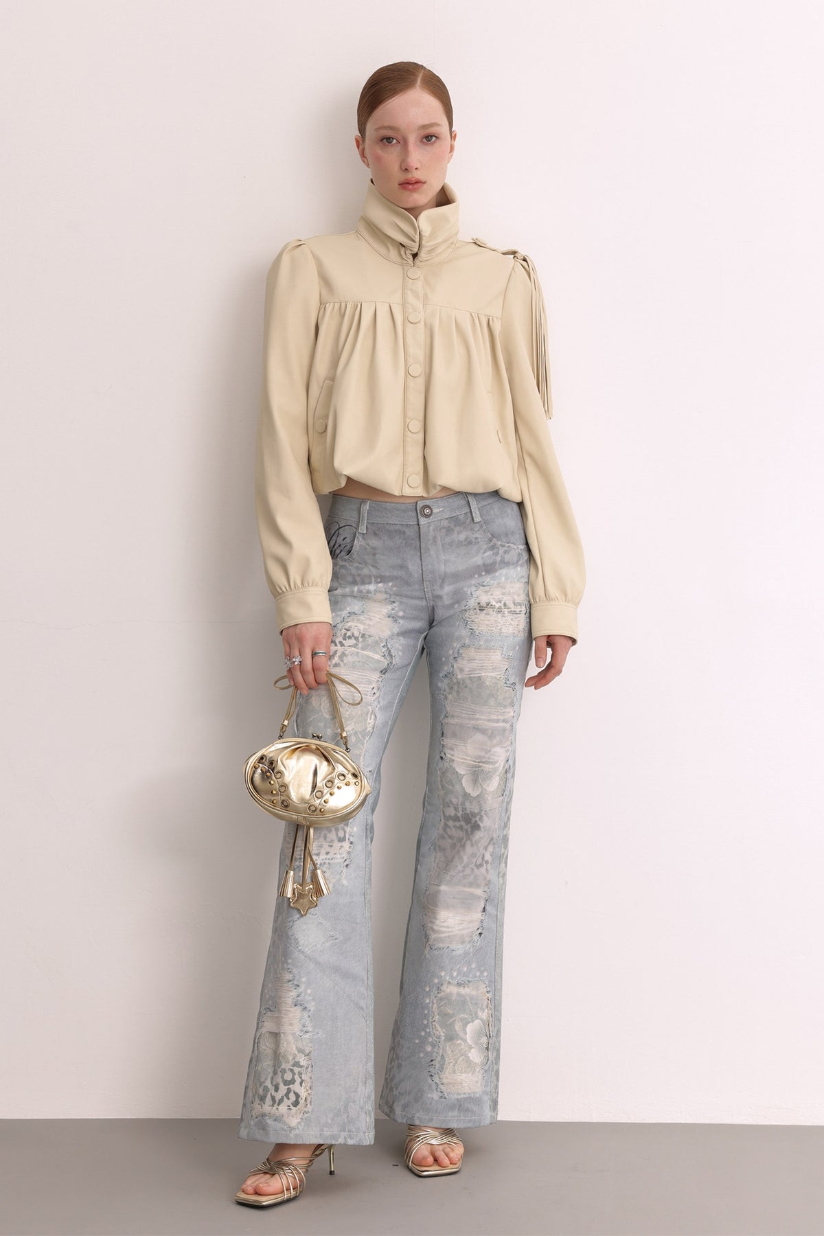 FAYCHUI Washed Leopard-Print Distressed Mesh-Overlay Slim Flared Jeans — full body