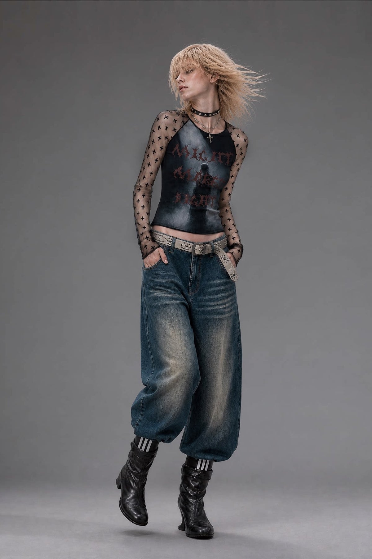 EMOHA Graphic Mesh Slim Long-Sleeve Tee — full body