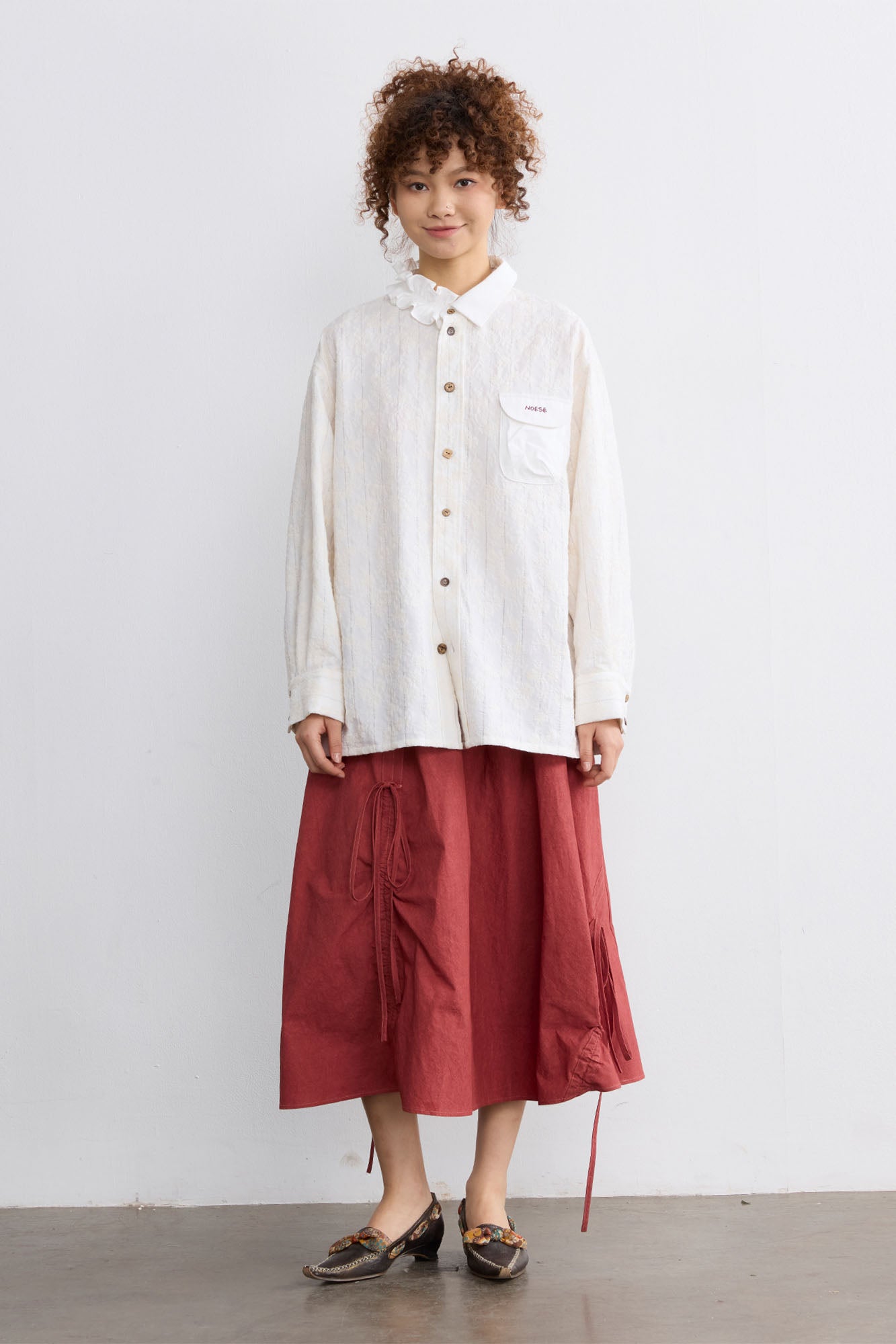 NOESE Asymmetrical Ruffle Collar Embroidered Shirt
