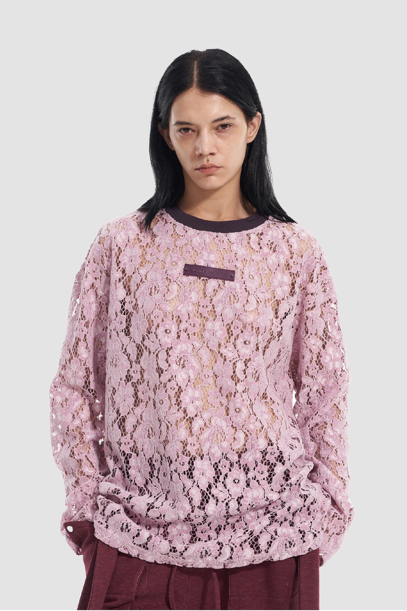 VANN VALRENCE Openwork Lace Contrast Crewneck Top