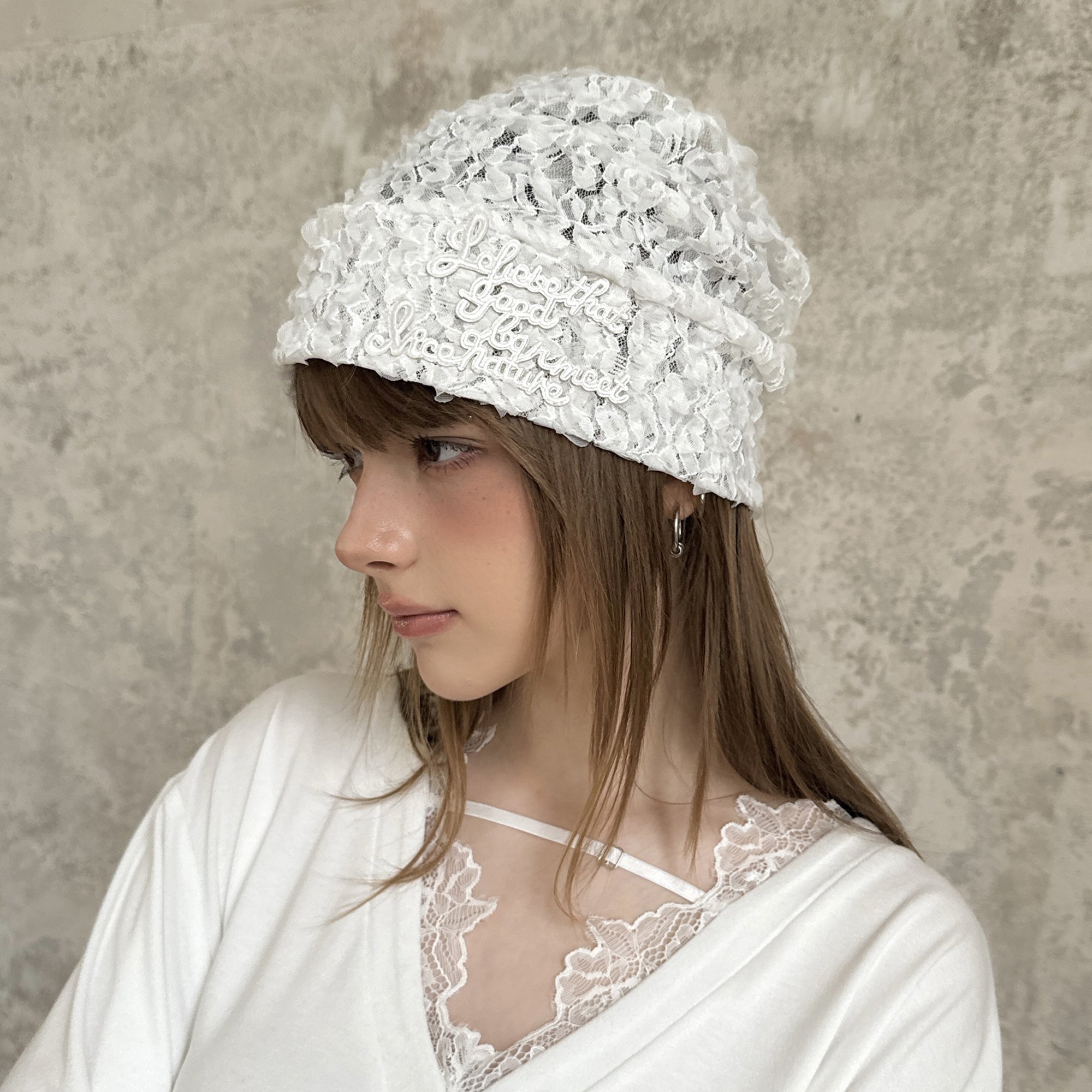 RIDK Floral Lace Script Beanie