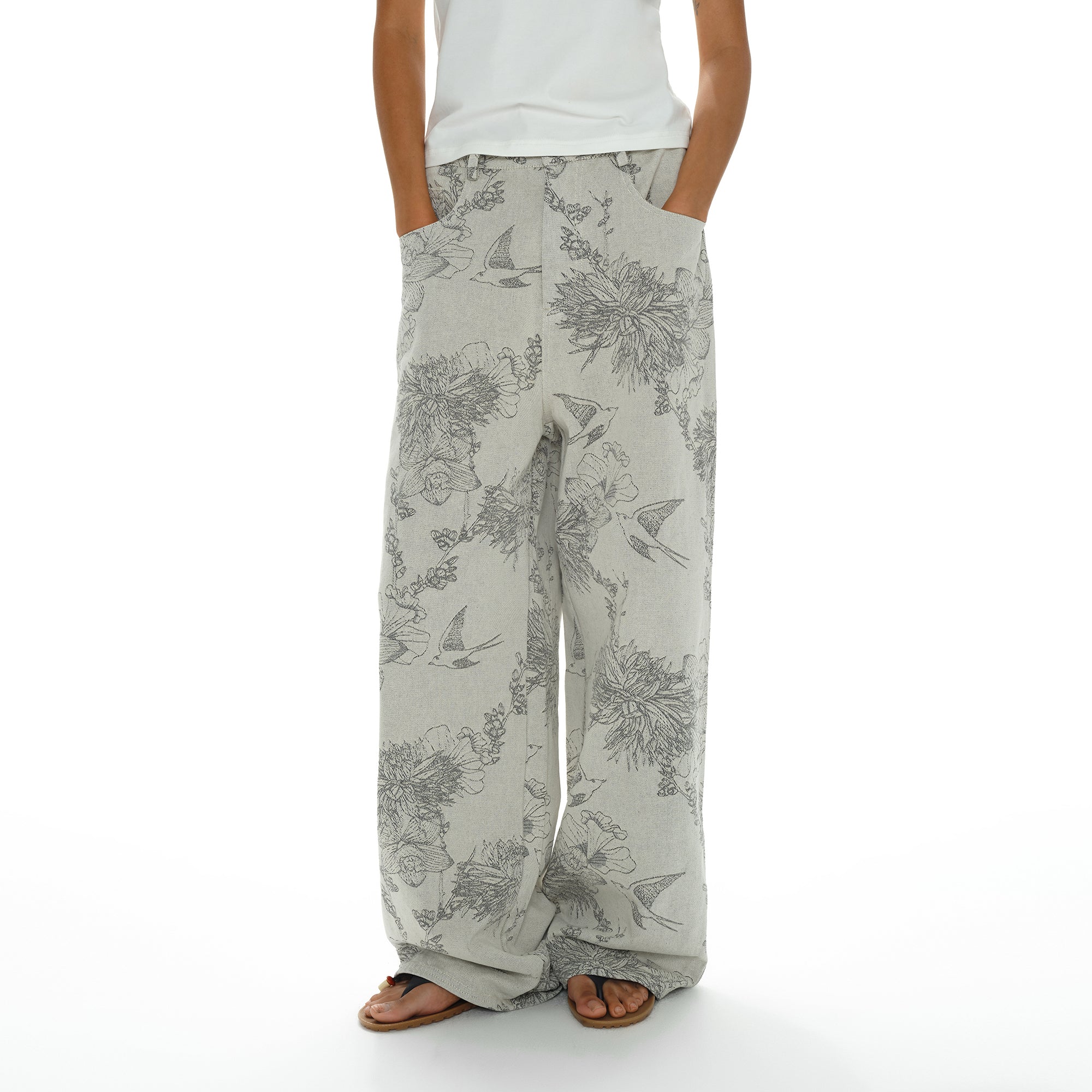 OINIMI Full-Print Botanical Sketch Wide-Leg Jeans