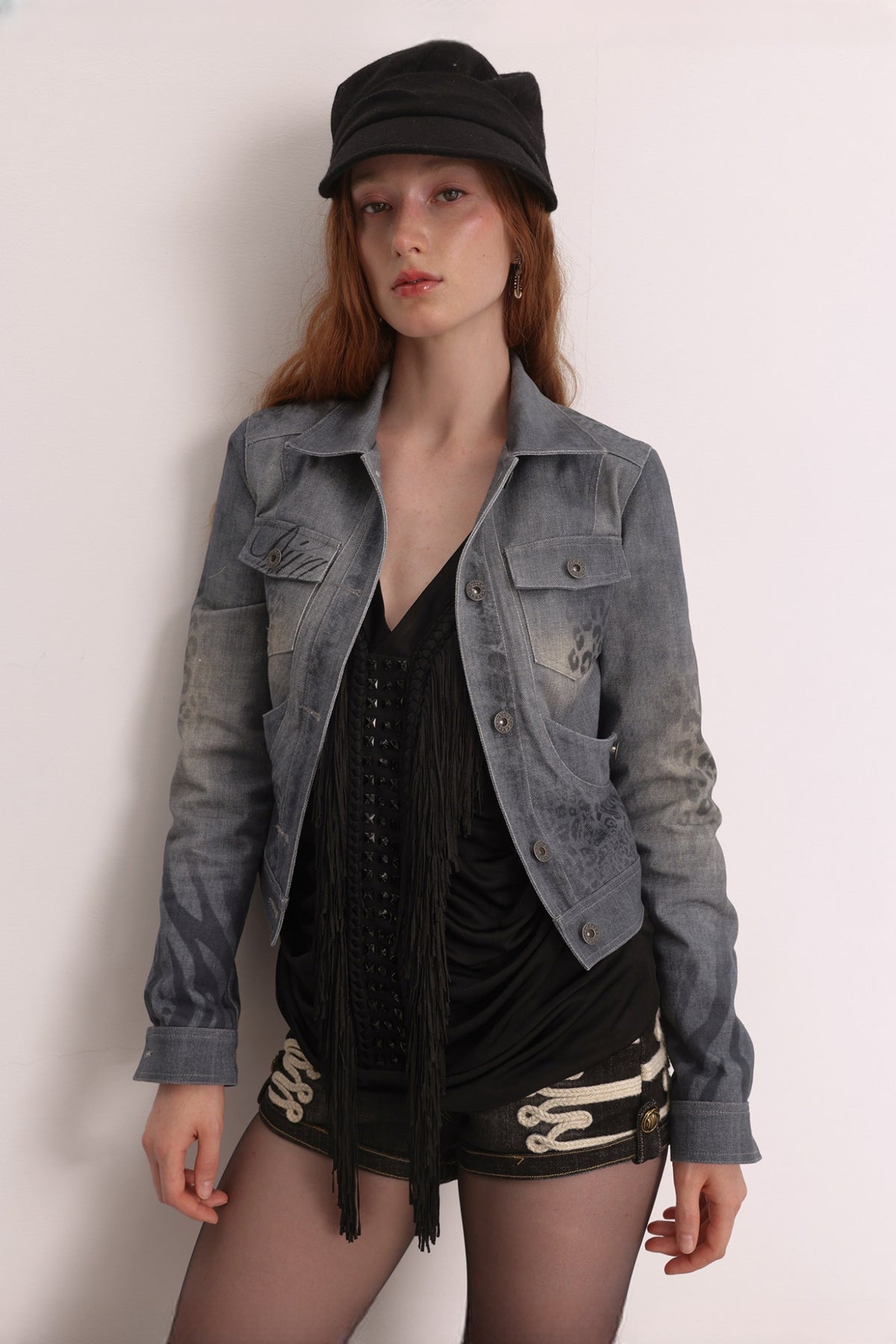 FAYCHUI Retro Washed Leopard-Print Cotton Denim Jacket — half body · Retro Leopard