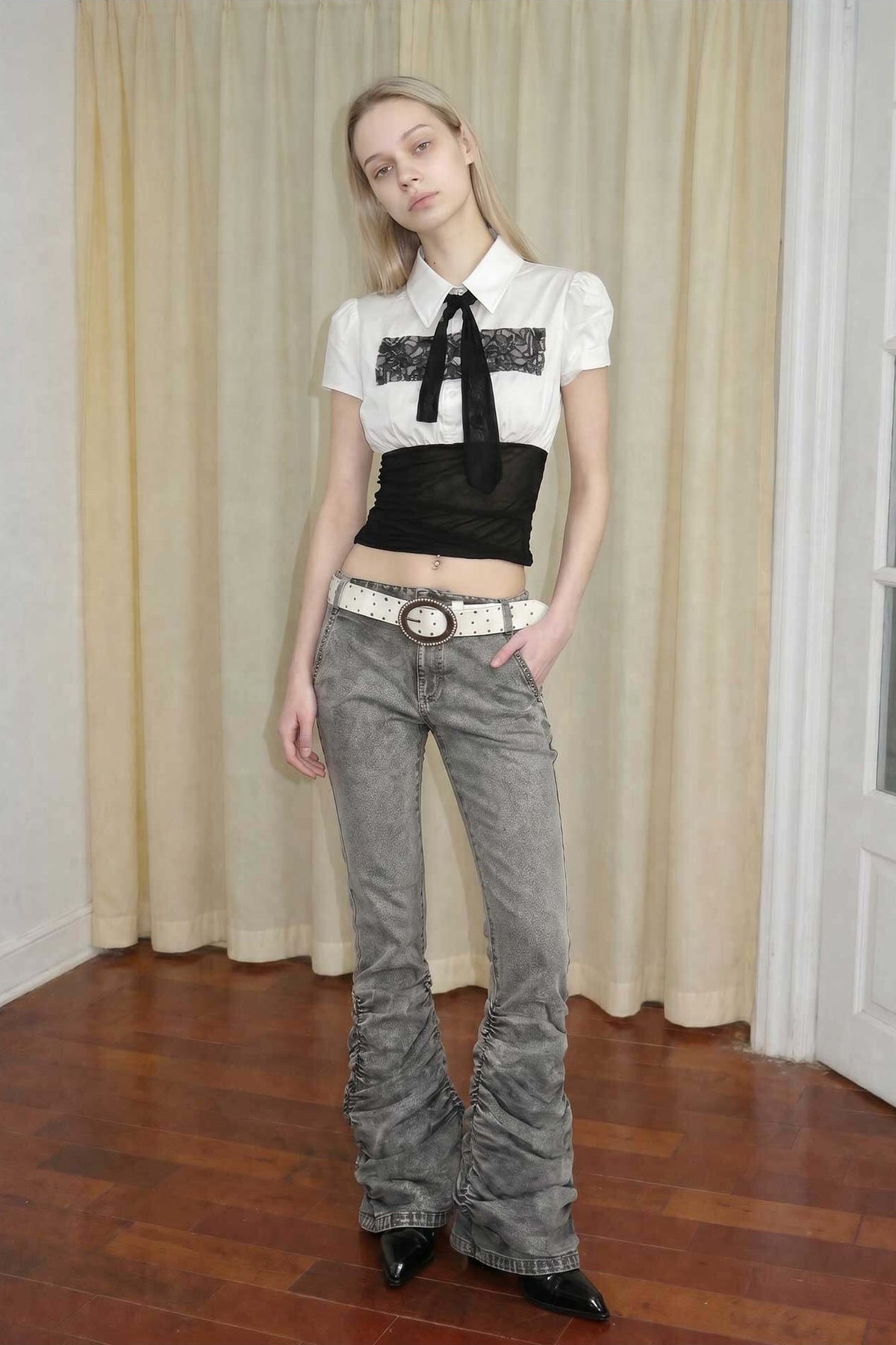 EMOHA Lace-Spliced Tie-Neck Slim Short-Sleeve Shirt — full body