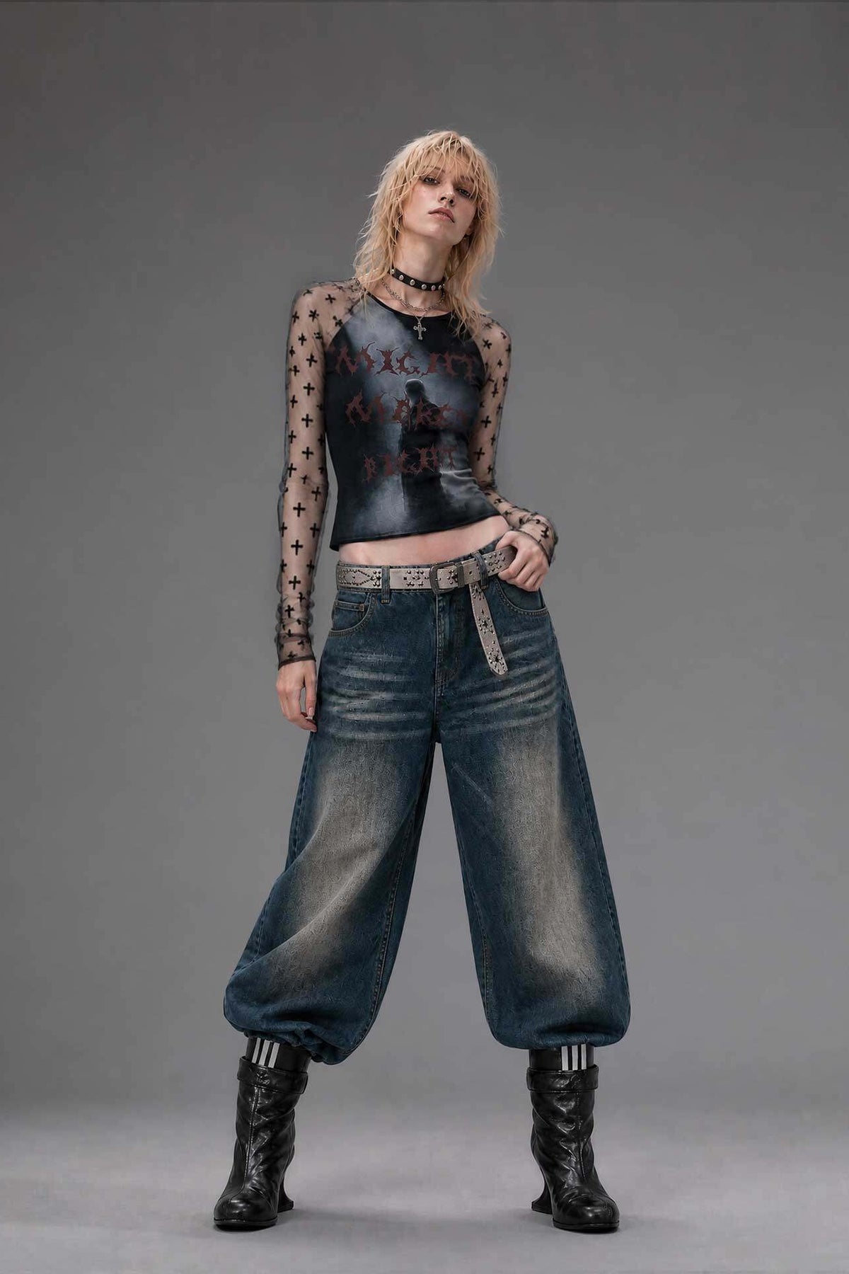 EMOHA Graphic Mesh Slim Long-Sleeve Tee — full body