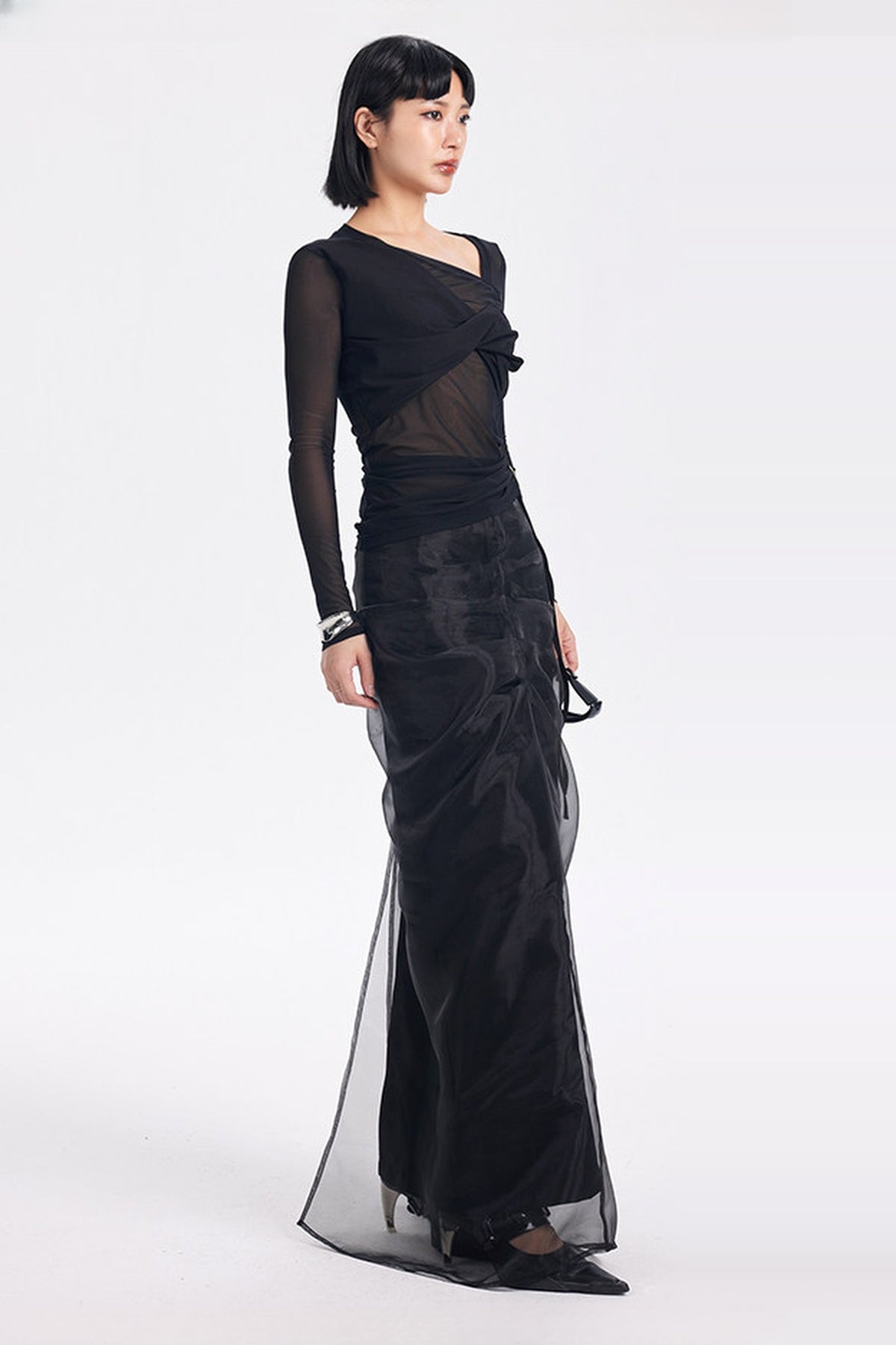 TINY IN STUDIO Pleated Mesh Maxi Skirt Two-Piece Set — full body