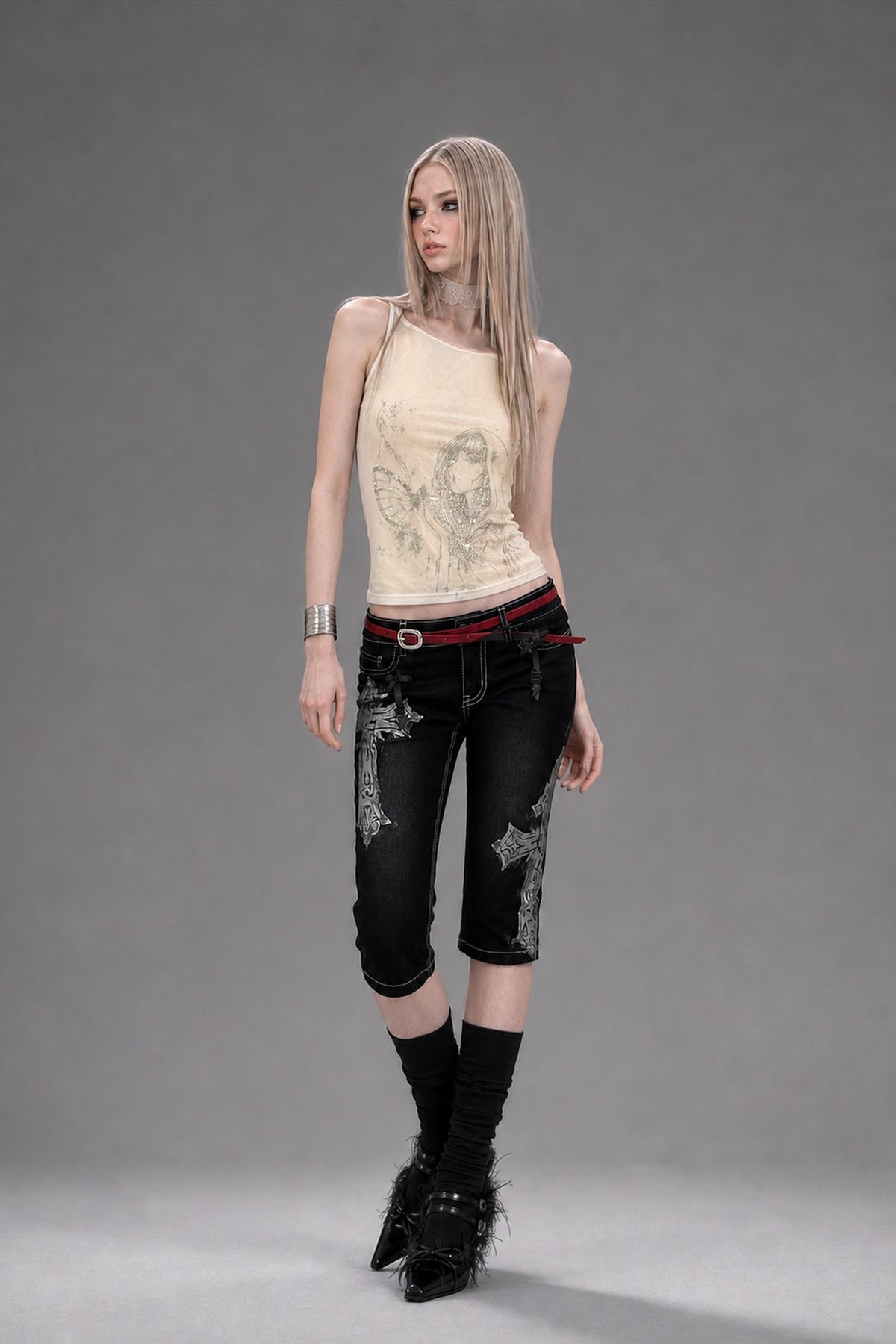 EMOHA Silver Graphic Slim Long-Sleeve Tee — full body · Tank Top