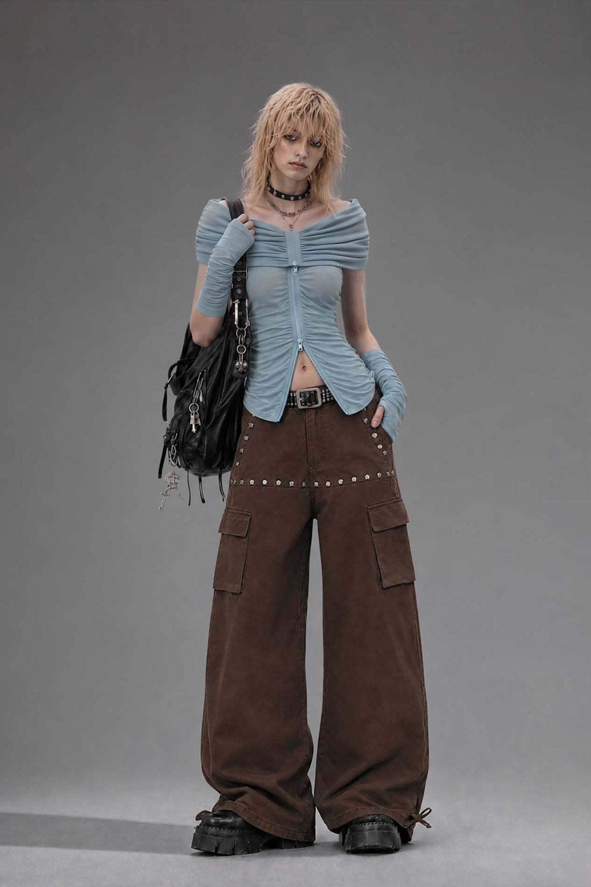 EMOHA Off-Shoulder Pleated Cinched-Waist Long-Sleeve Tee — full body