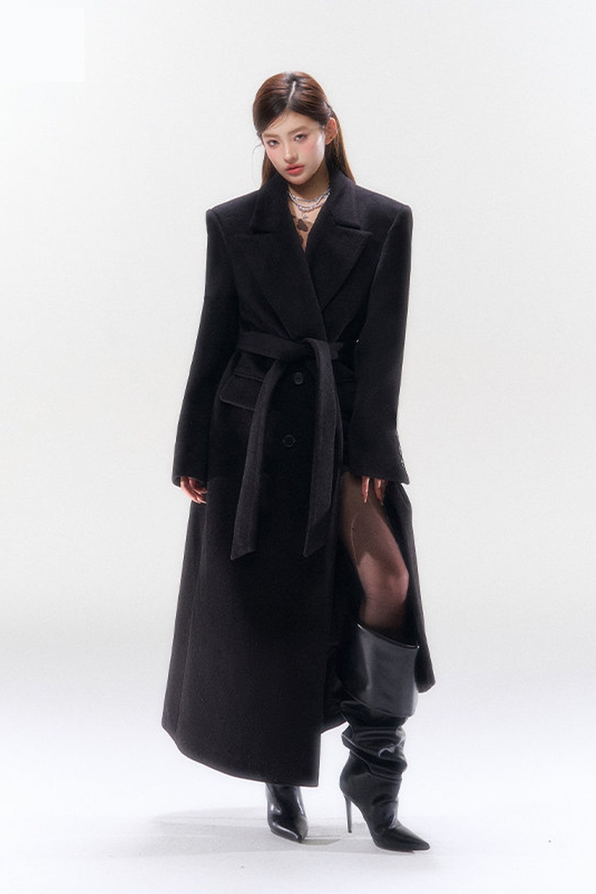 HIIMDAI Wool-Blend Cinched-Waist Lapel Long Coat — full body · Knight Black