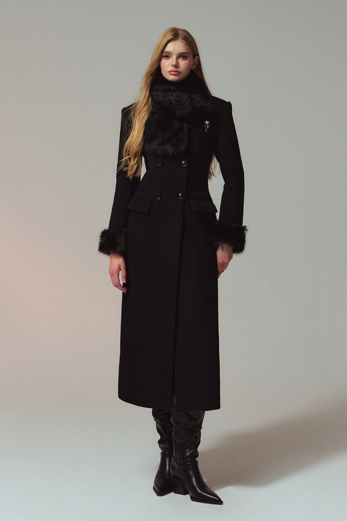 HIIMDAI 100% Wool Double-Faced Long Coat — full body · Classic Black