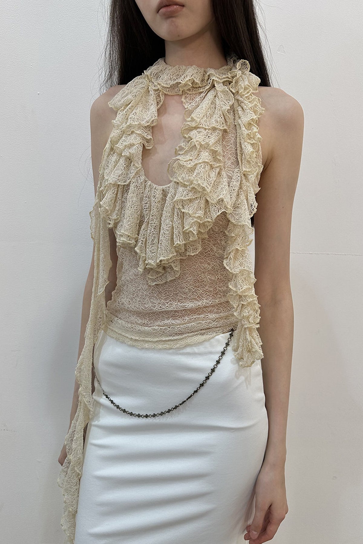 DOTYEARS Two-Tone Lace Spliced Halter Top — half body · Beige