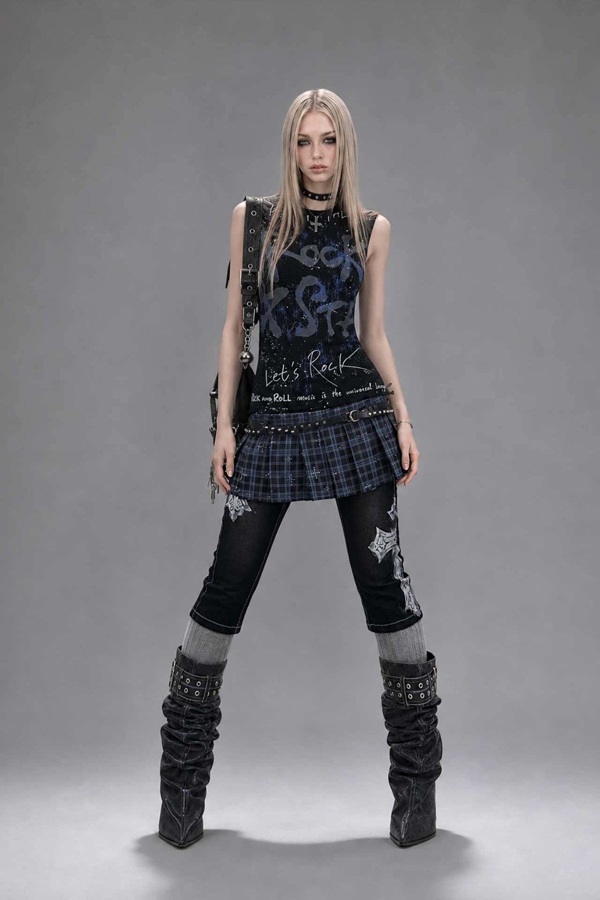 EMOHA Plaid Spliced Graphic Sleeveless Dress — full body
