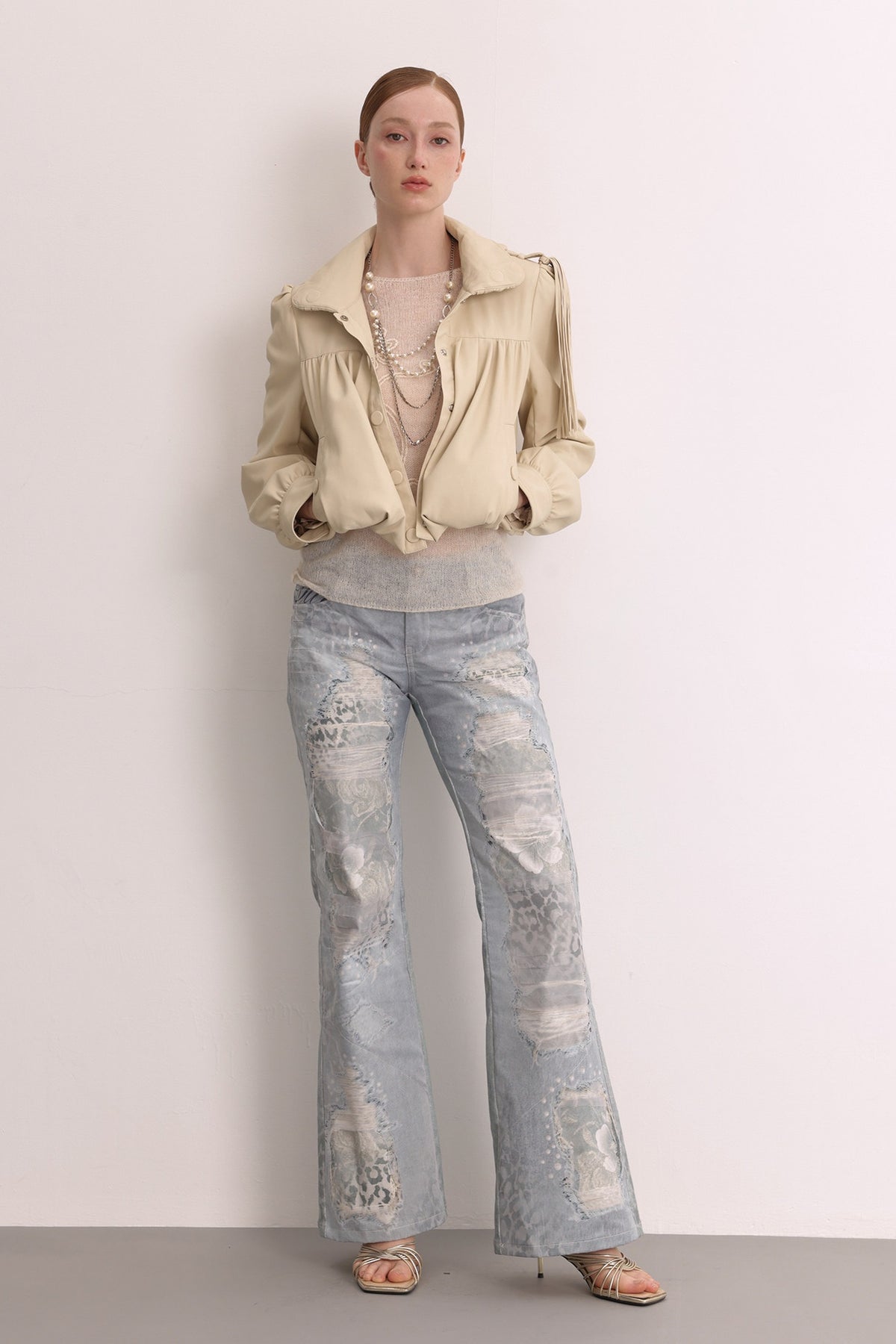 FAYCHUI Washed Leopard-Print Distressed Mesh-Overlay Slim Flared Jeans — full body