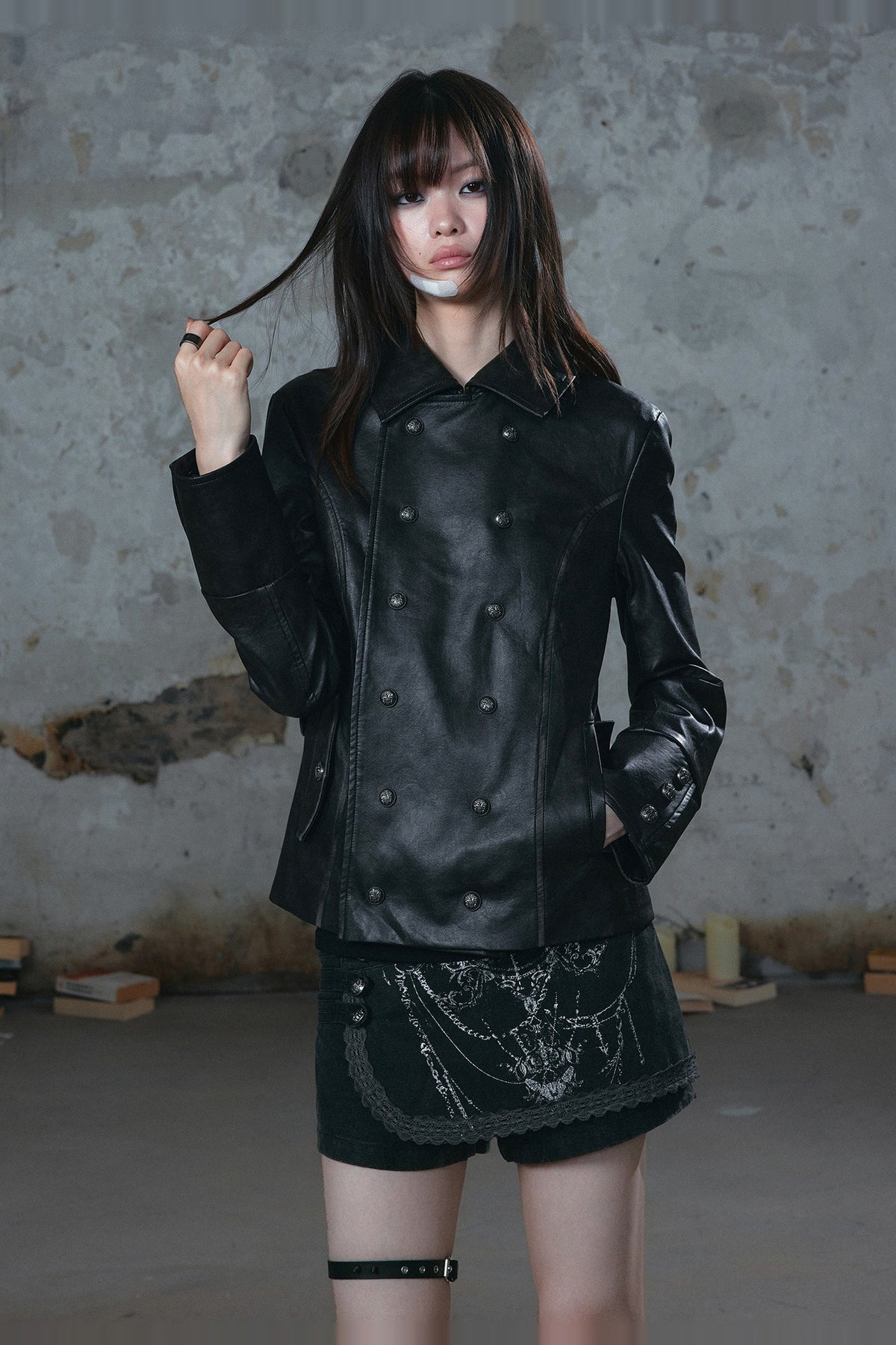 CESTNOUS Retro Washed Detachable Cape Belted Faux Leather Jacket — half body