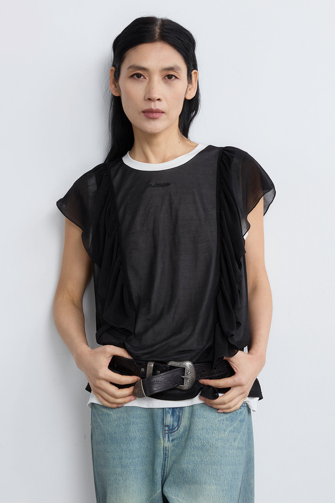 NOESE Sheer Ruffle Layered T-Shirt