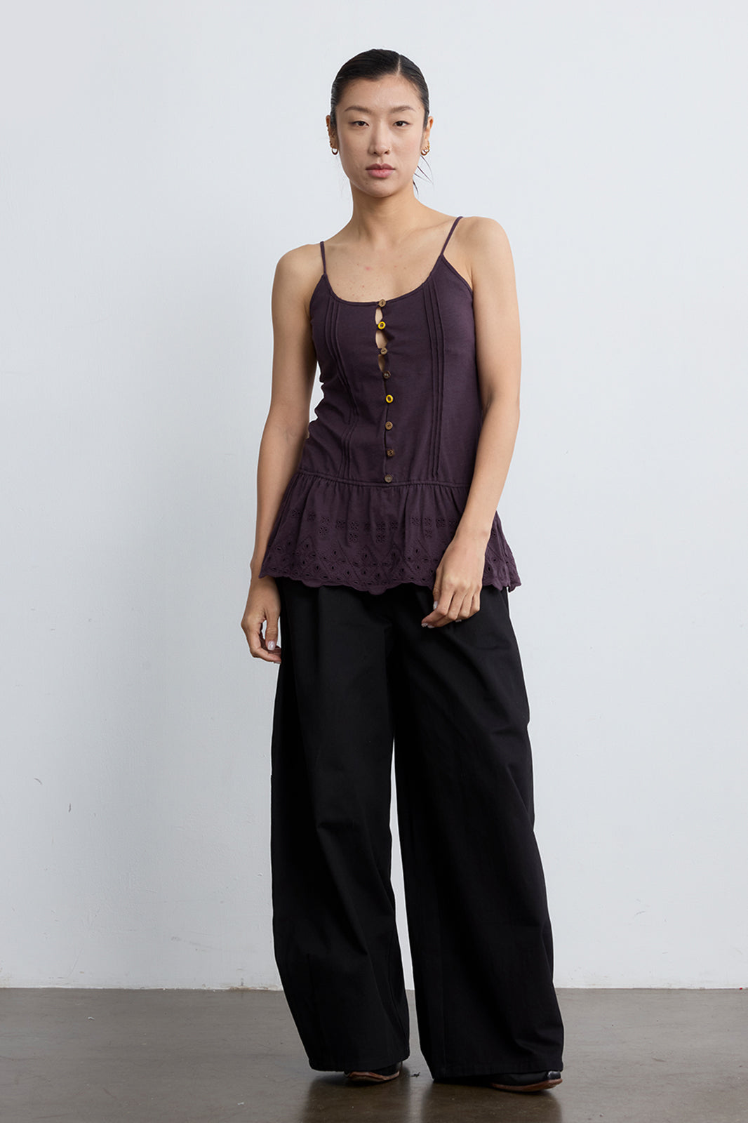 NOESE Button Eyelet Peplum Cami Top