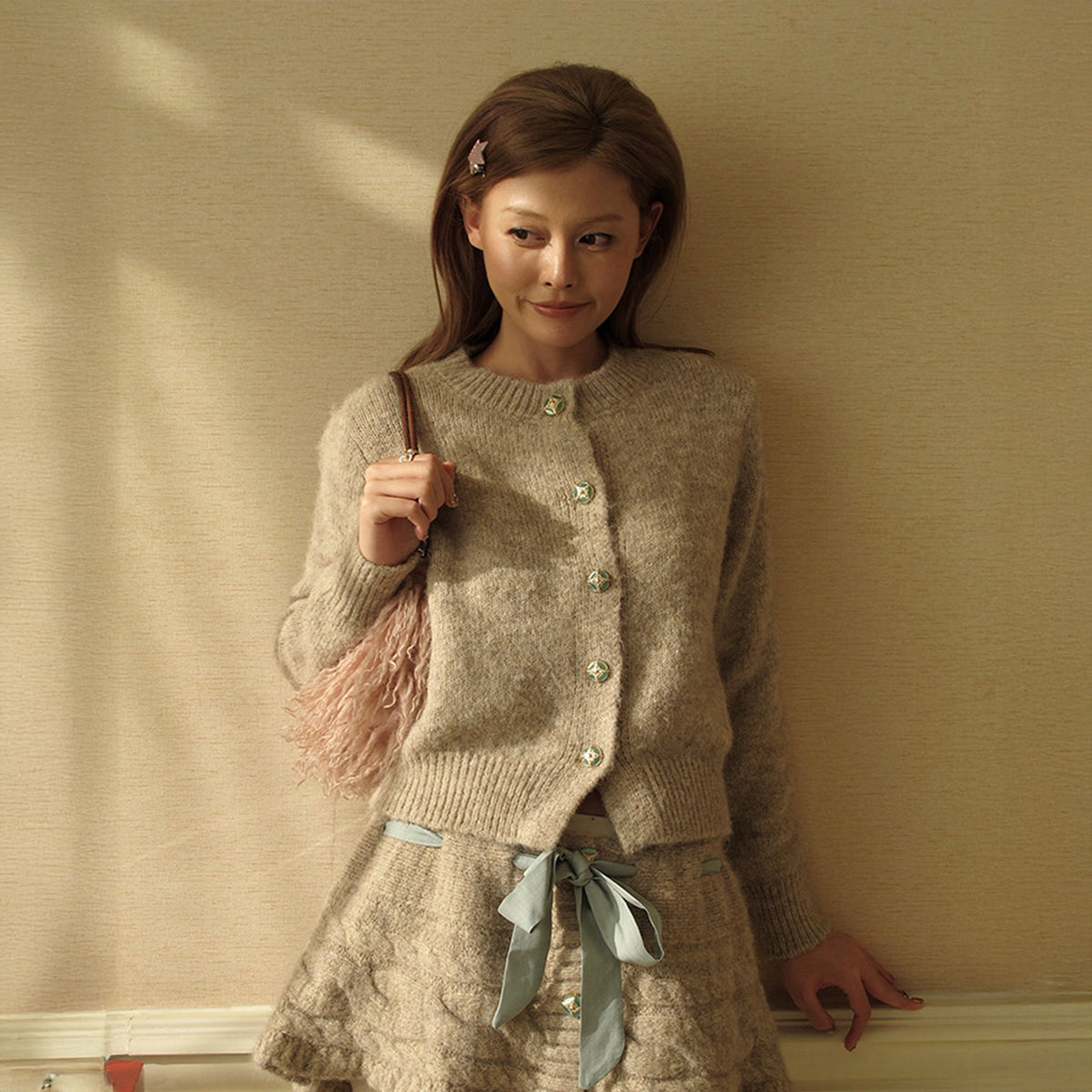 ANNIE ARMOR Cable-Knit Bow-Tie Cape Two-Piece Cardigan