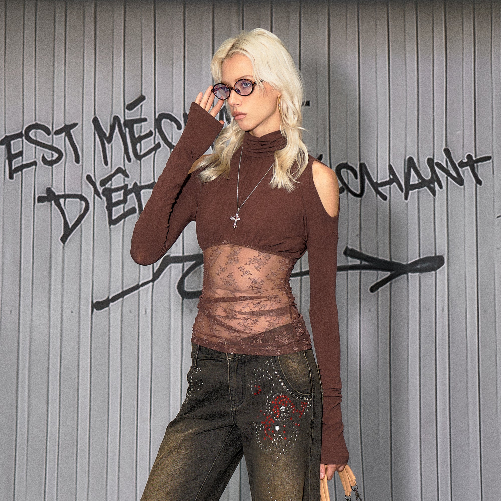 THE NEVERMORE Cold Shoulder Sheer Lace Panel Top