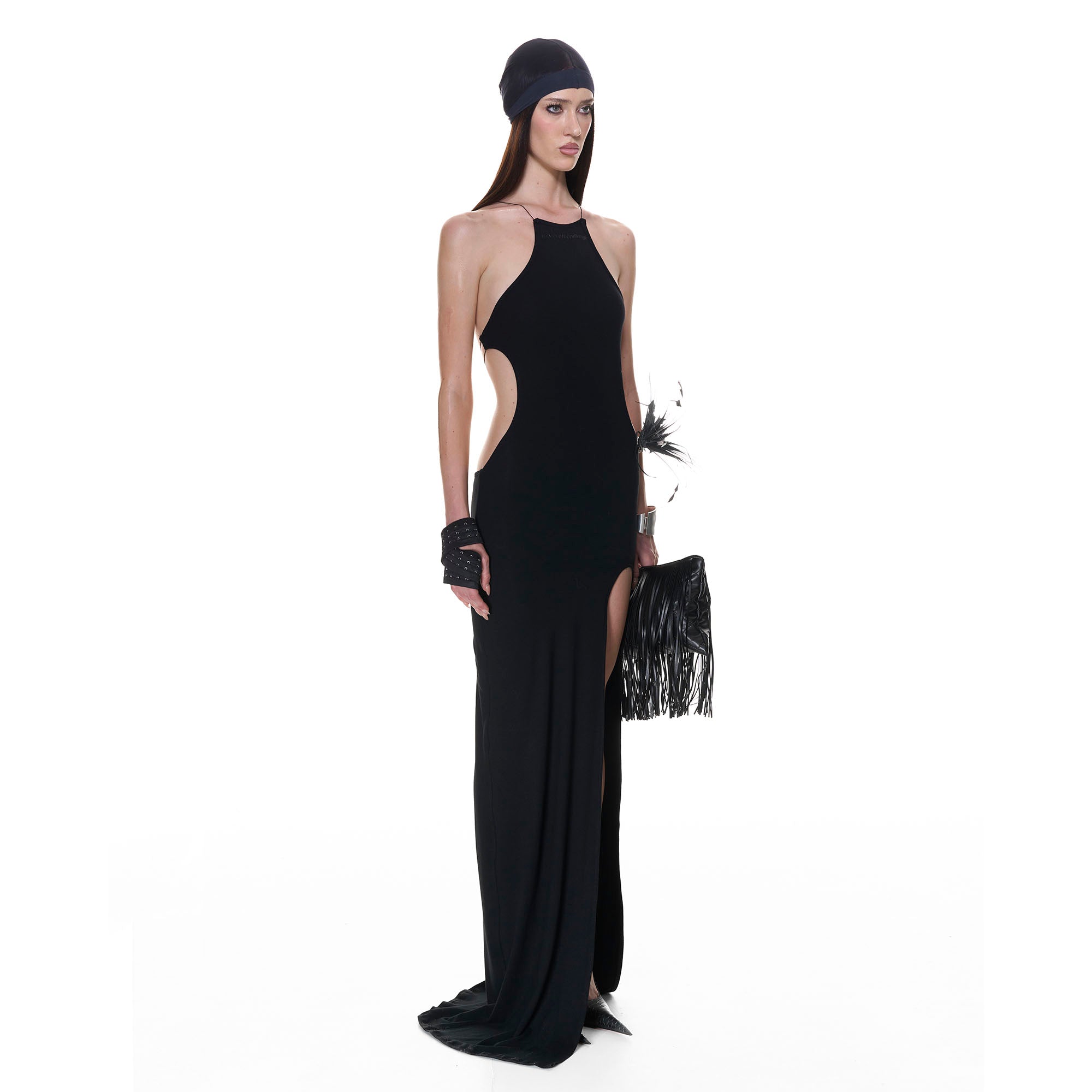 NEVER OFFEND L ANGEL Crossback Halter Slit Maxi Dress Black