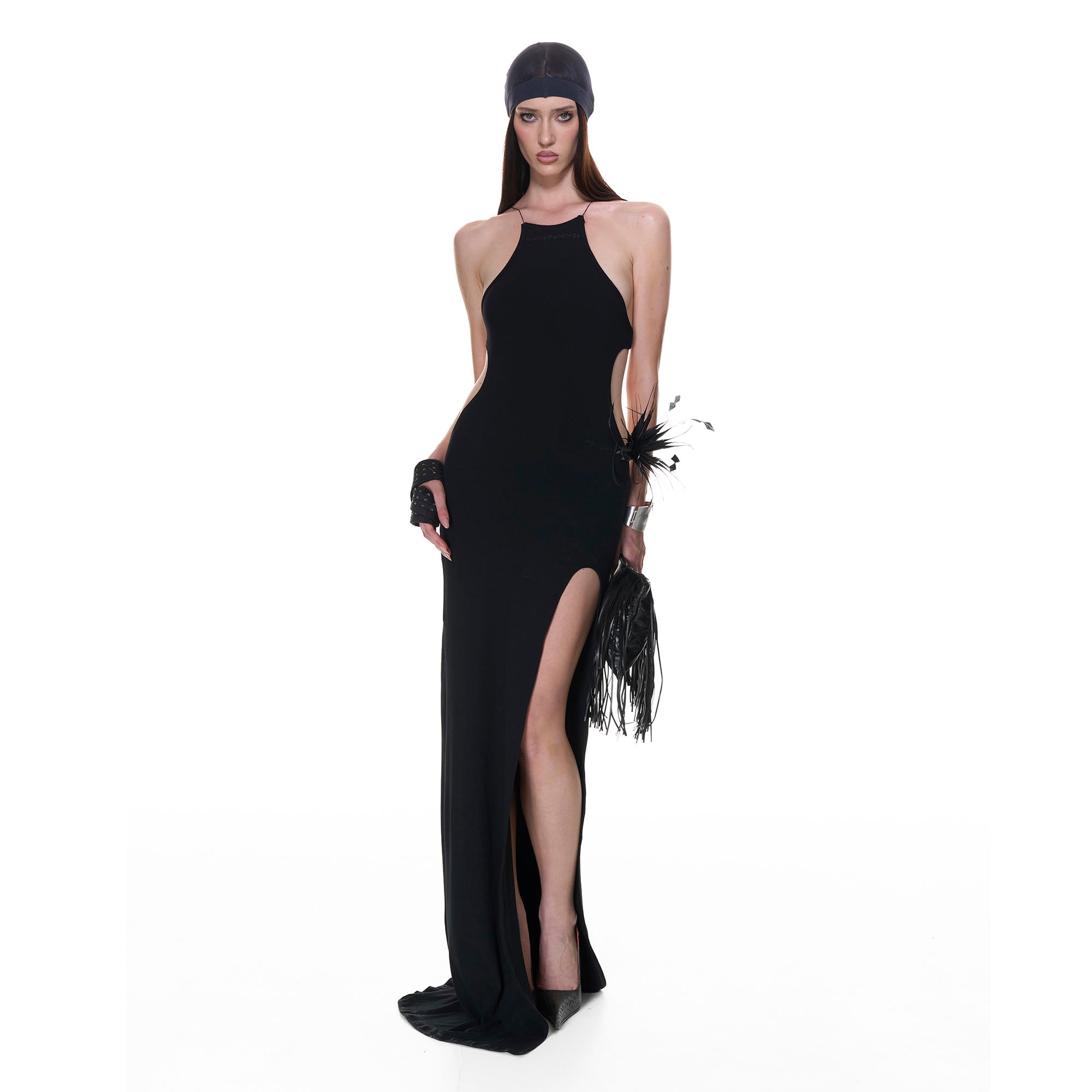 NEVER OFFEND L ANGEL Crossback Halter Slit Maxi Dress Black