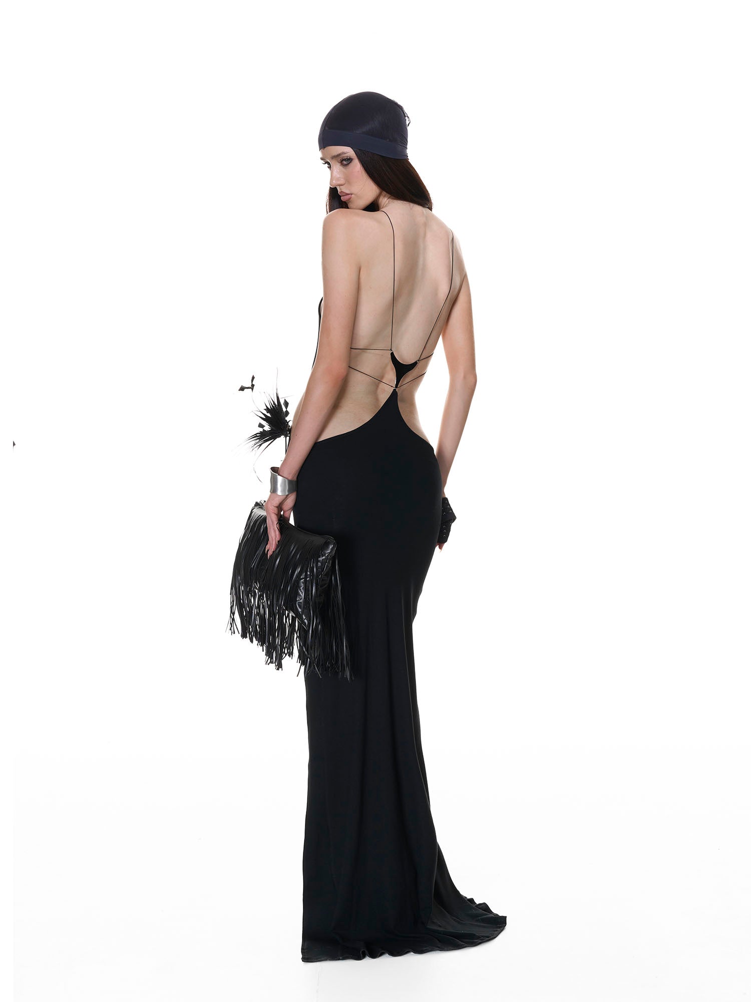 NEVER OFFEND L ANGEL Crossback Halter Slit Maxi Dress Black