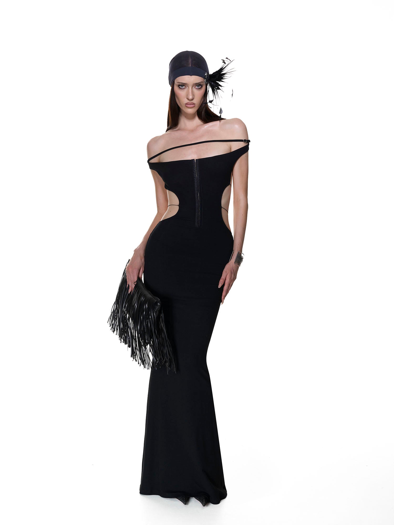 NEVER OFFEND L ANGEL Cross-Back Halter Bodycon Fishtail Dress Black