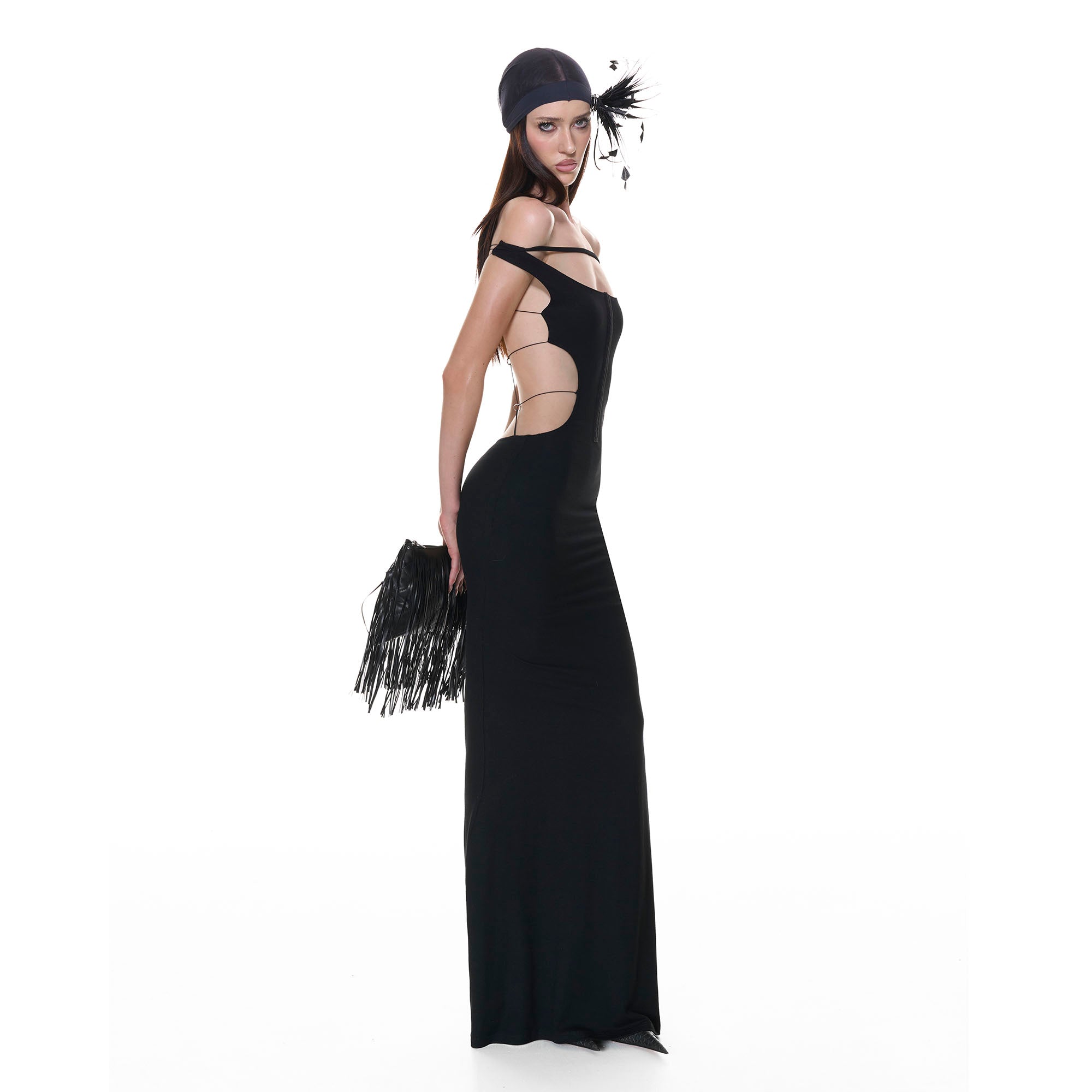 NEVER OFFEND L ANGEL Cross-Back Halter Bodycon Fishtail Dress Black