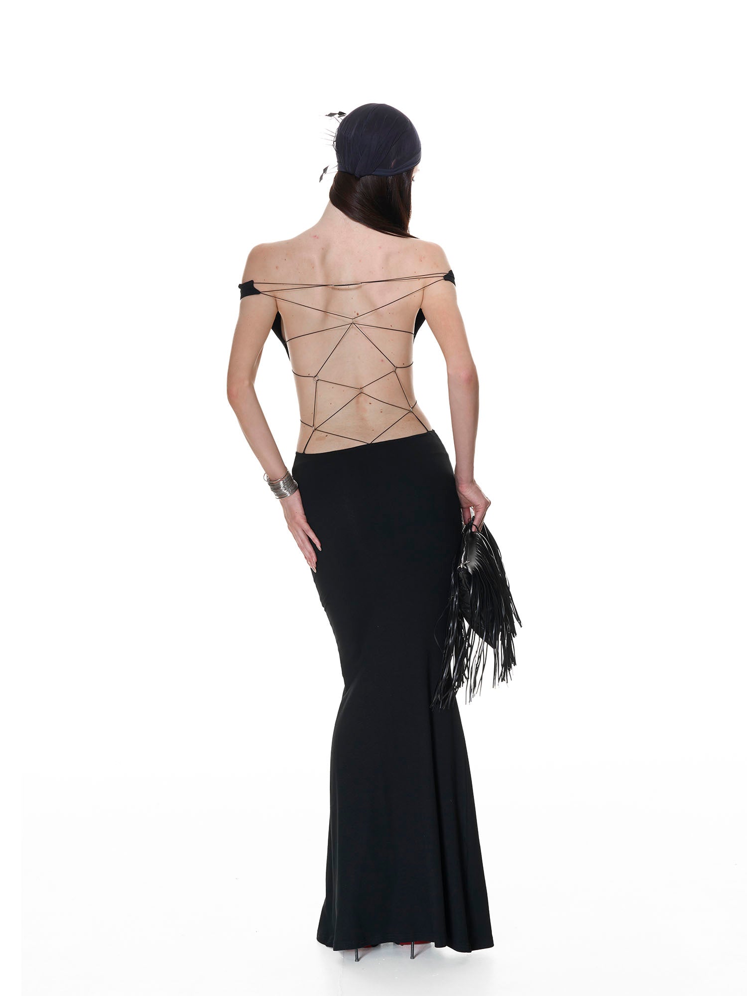 NEVER OFFEND L ANGEL Cross-Back Halter Bodycon Fishtail Dress Black