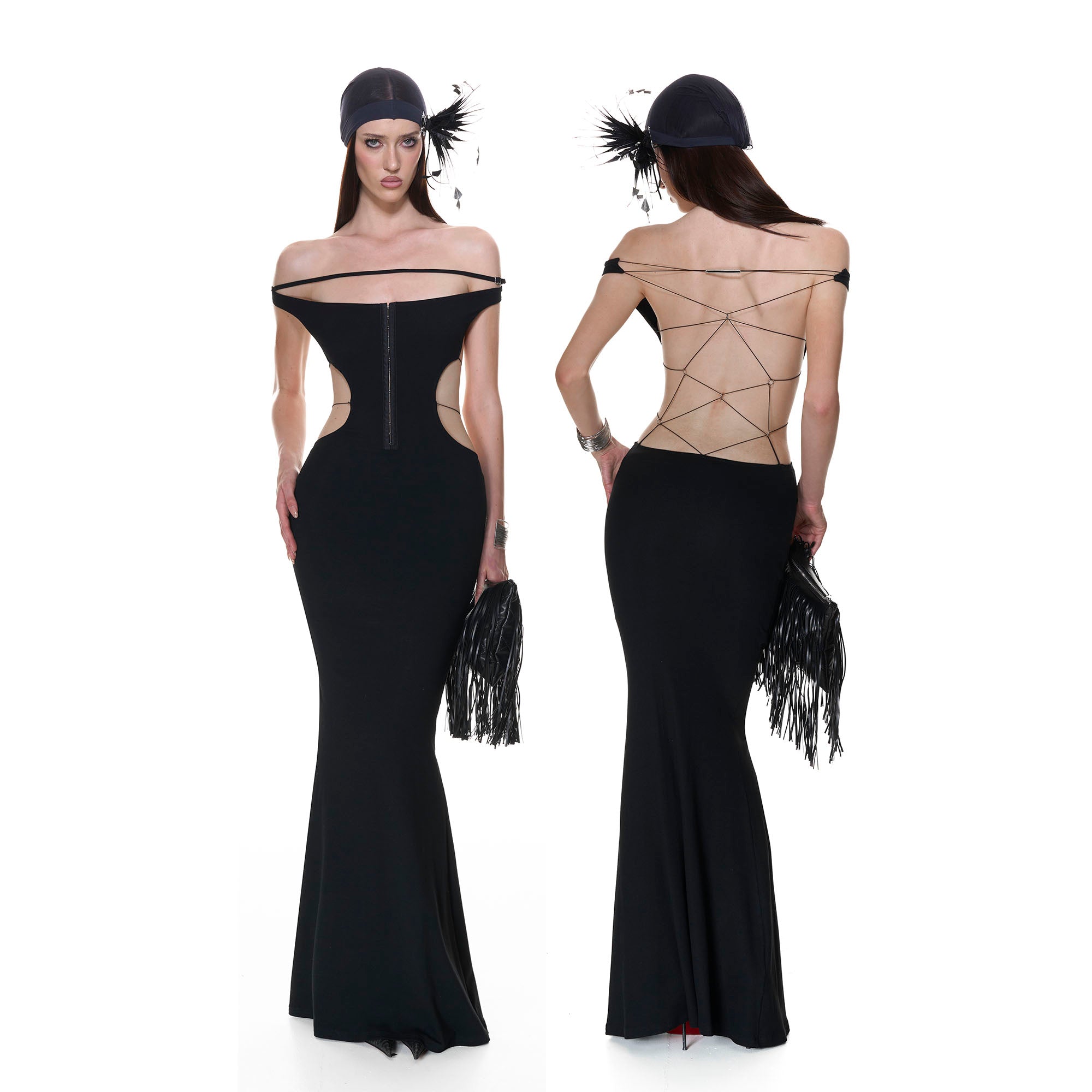 NEVER OFFEND L ANGEL Cross-Back Halter Bodycon Fishtail Dress Black