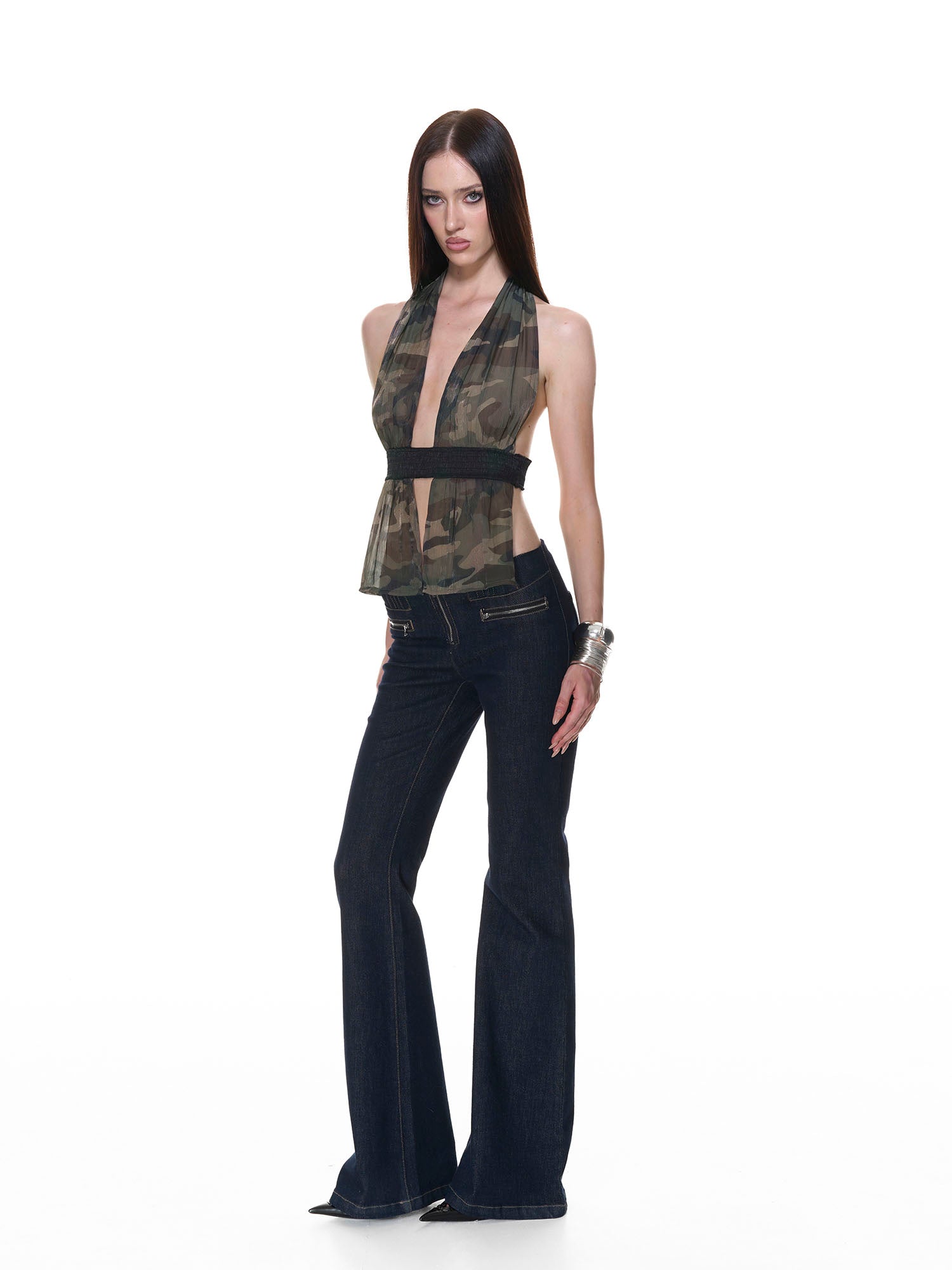 NEVER OFFEND L ANGEL Organza Halter Backless Tank Top