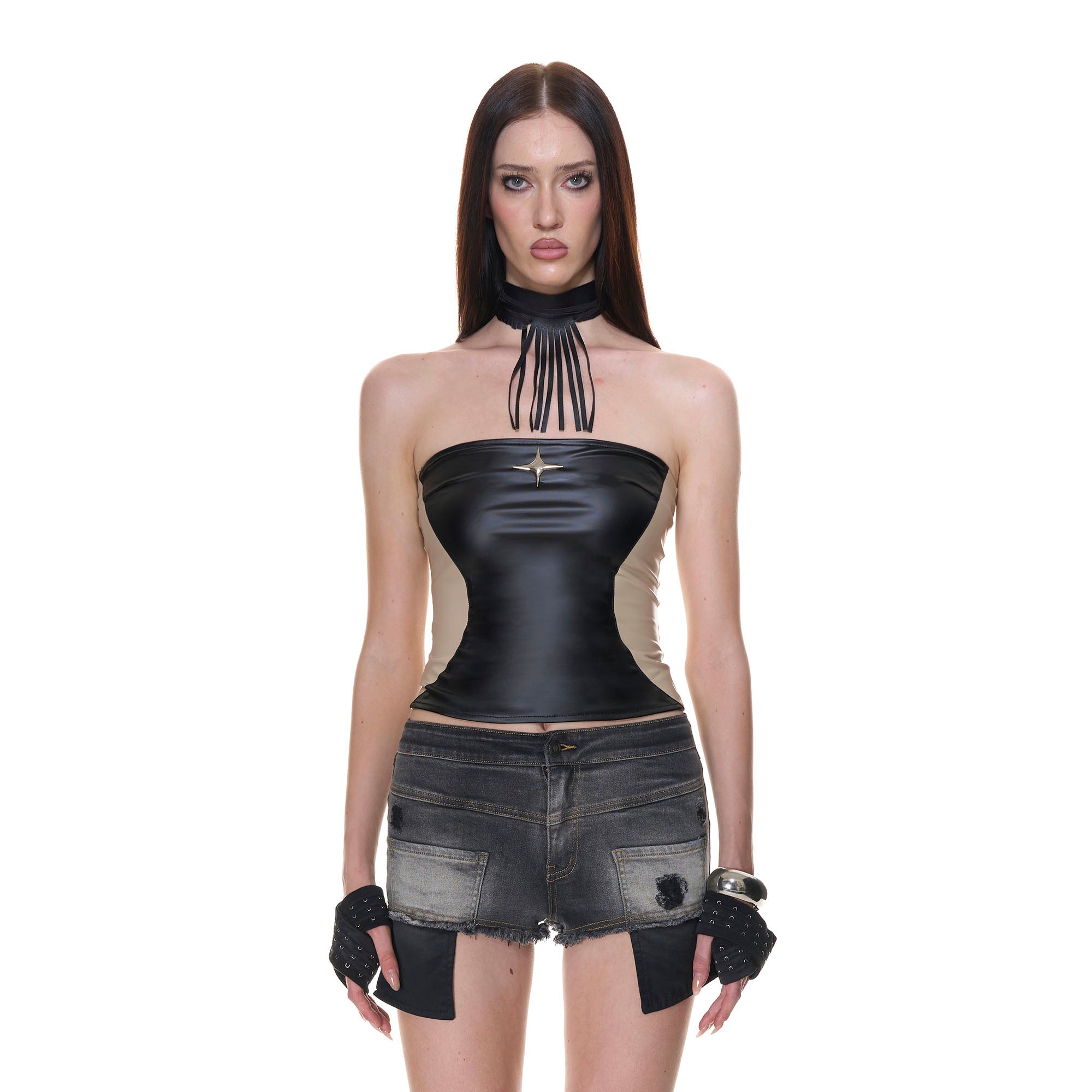 NEVER OFFEND L ANGEL Faux Leather Spliced Stretch Bandeau Top