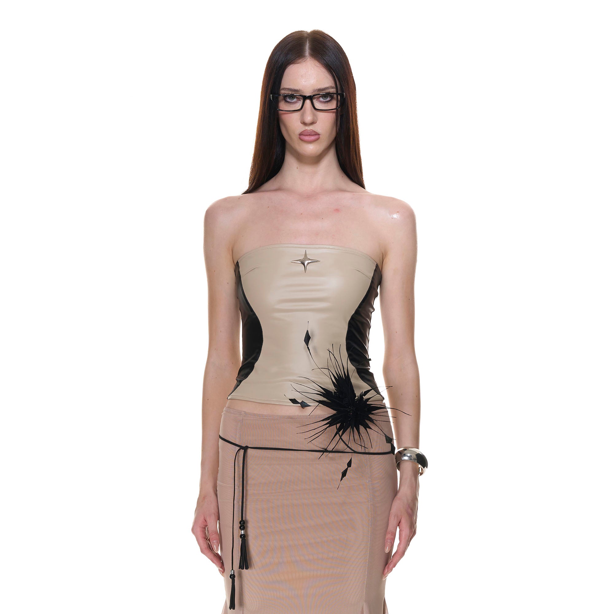 NEVER OFFEND L ANGEL Faux Leather Spliced Stretch Bandeau Top