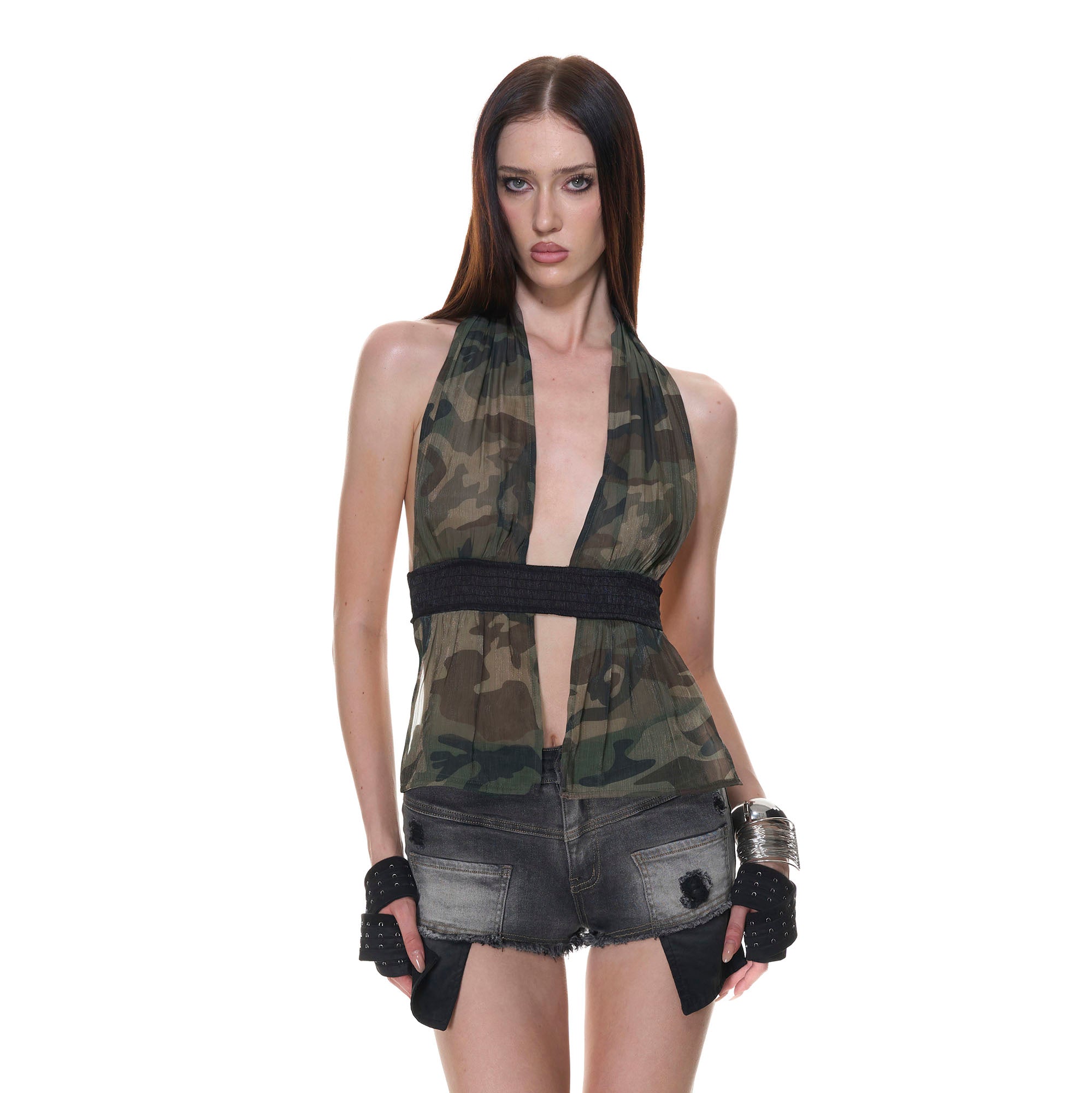 NEVER OFFEND L ANGEL Organza Halter Backless Tank Top