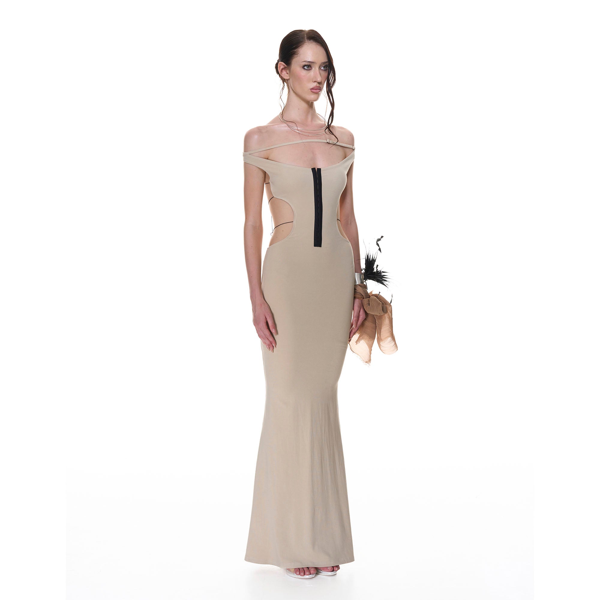 NEVER OFFEND L ANGEL Cross-Back Halter Bodycon Fishtail Dress Khaki