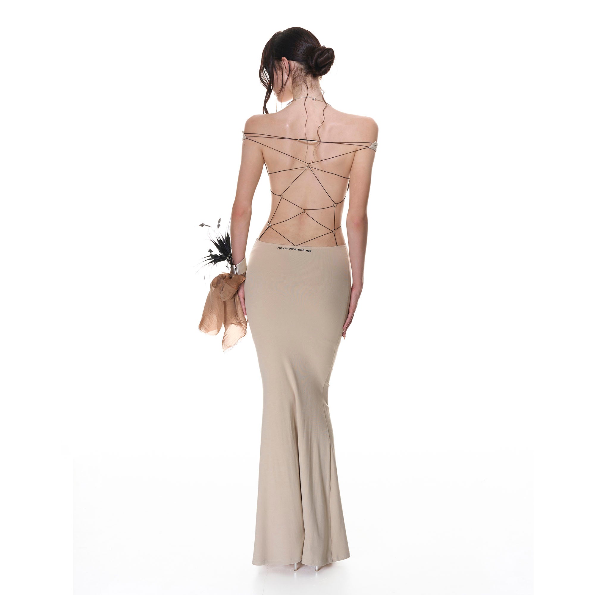 NEVER OFFEND L ANGEL Cross-Back Halter Bodycon Fishtail Dress Khaki