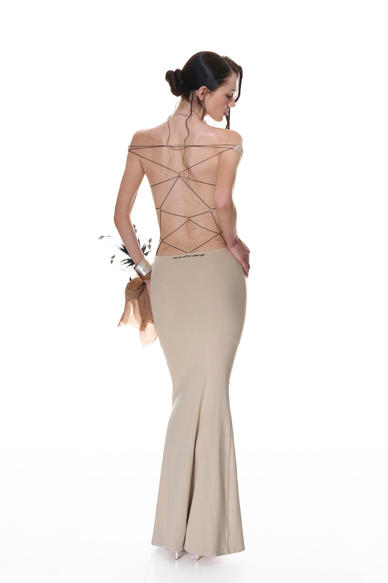 NEVER OFFEND L ANGEL Cross-Back Halter Bodycon Fishtail Dress Khaki
