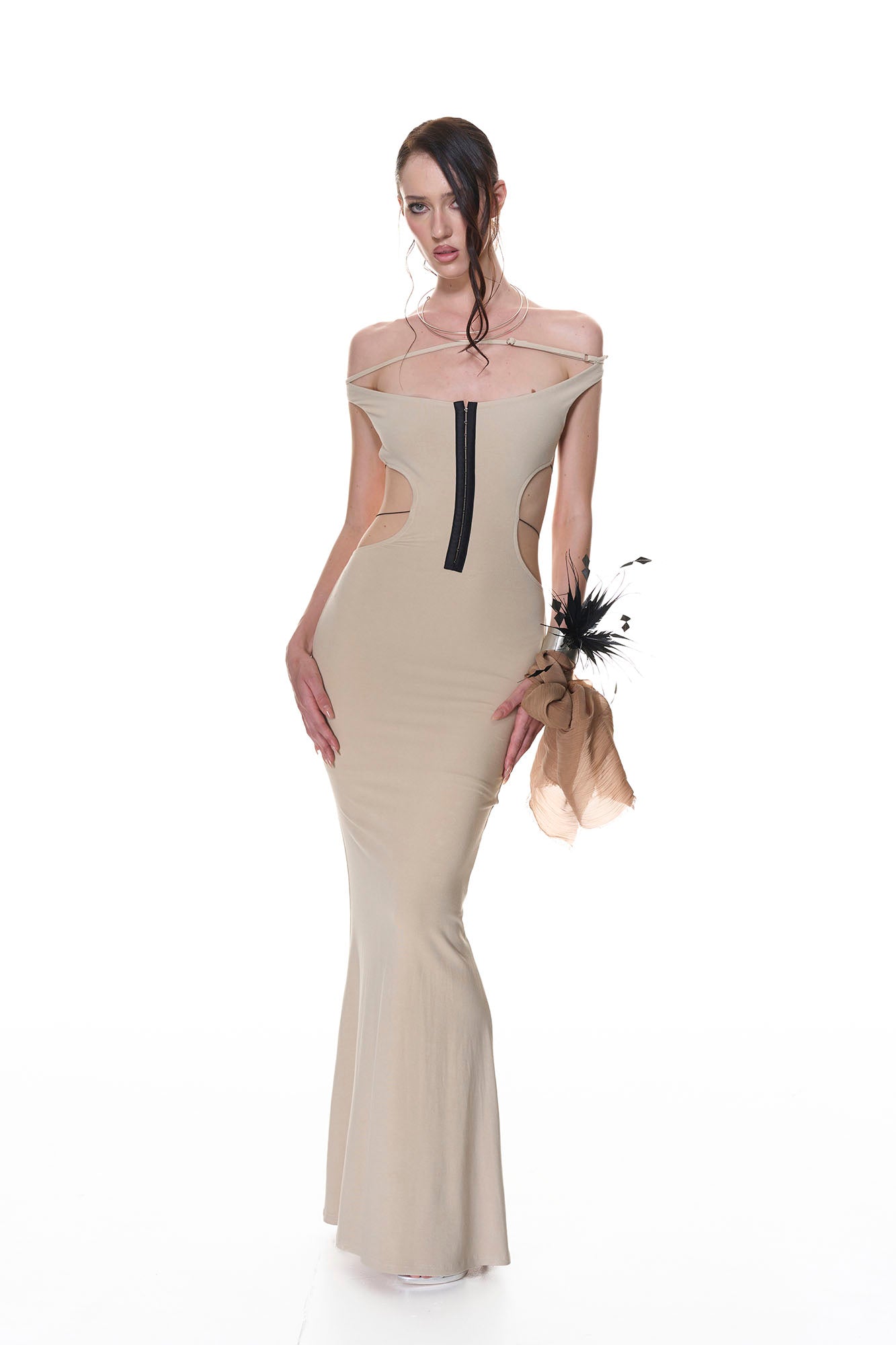 NEVER OFFEND L ANGEL Cross-Back Halter Bodycon Fishtail Dress Khaki