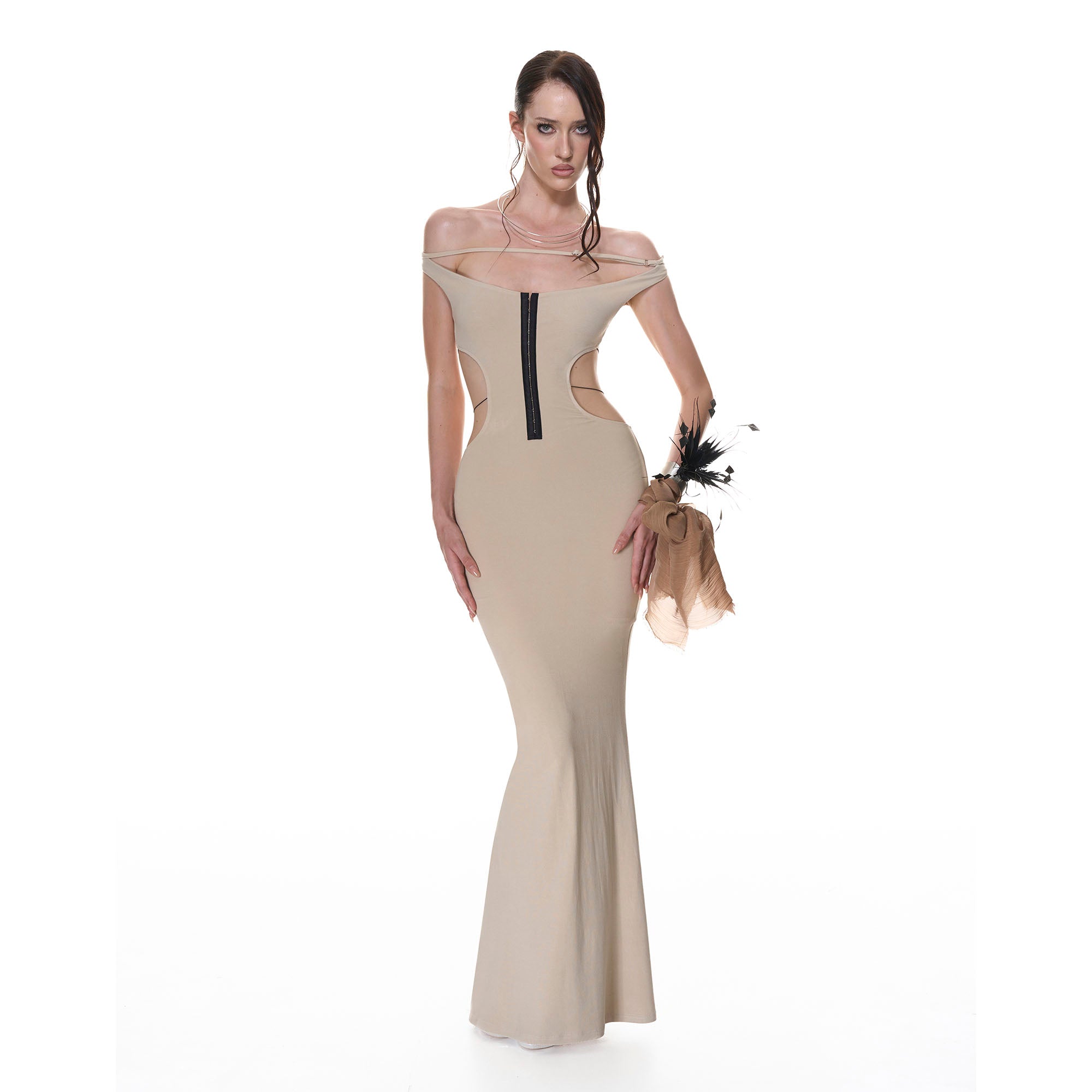NEVER OFFEND L ANGEL Cross-Back Halter Bodycon Fishtail Dress Khaki