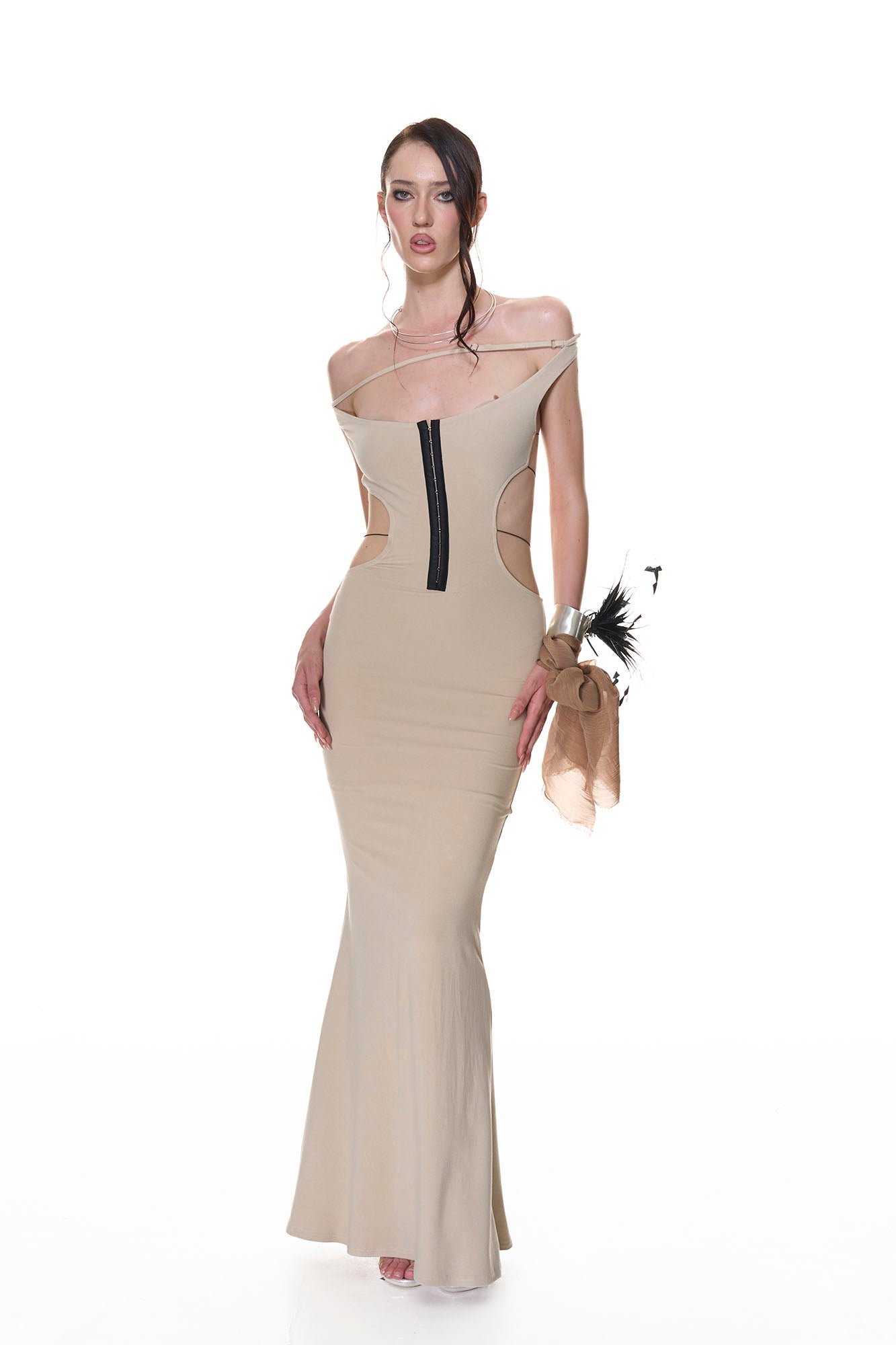 NEVER OFFEND L ANGEL Cross-Back Halter Bodycon Fishtail Dress Khaki